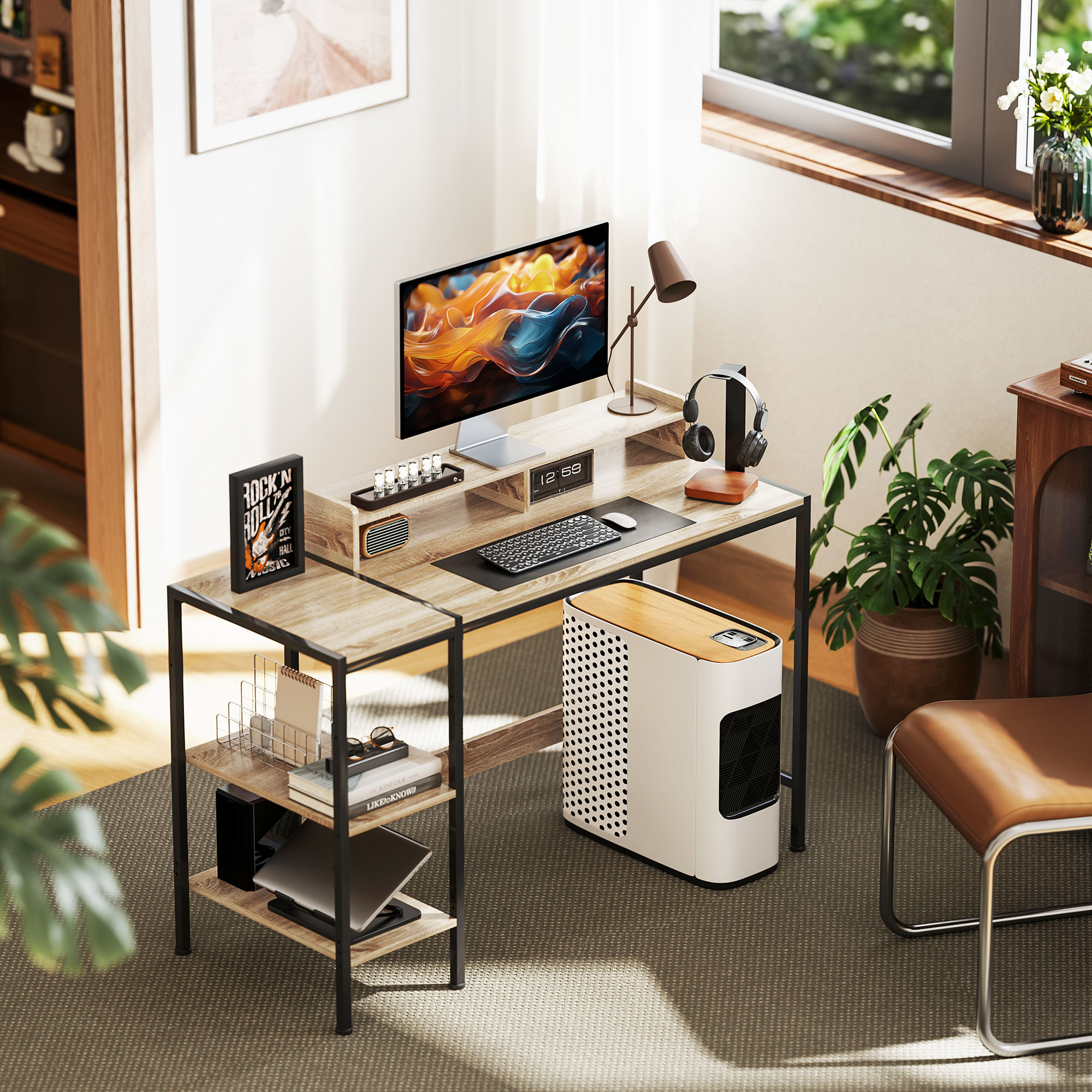 HOMCOM Computertisch Schreibtisch mit Aufbewahrung 120 cm mit verstellbaren Regalen und Stahlrahmen, Eiche
