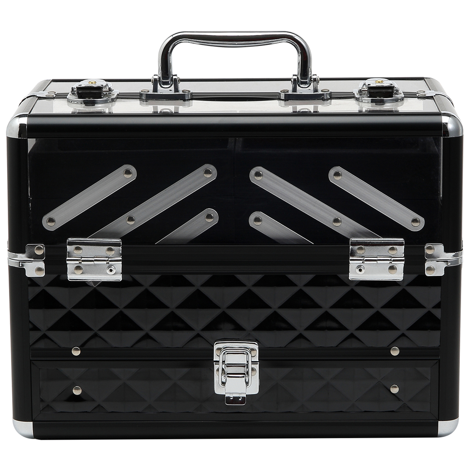 HOMCOM Make-up-Koffer - Kosmetikkoffer - Aufbewahrung von Schönheitsprodukten - Maße 30L x 18B x 22H cm - Aluminium Acryl Griffschloss Schwarz