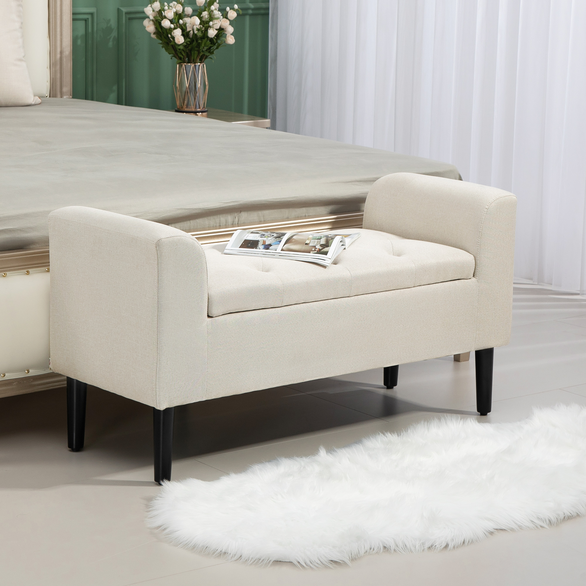 HOMCOM Gepolsterte Aufbewahrungs-Sitzbank mit Armlehnen für Schlafzimmer, Eingang, Wohnzimmer, Beige