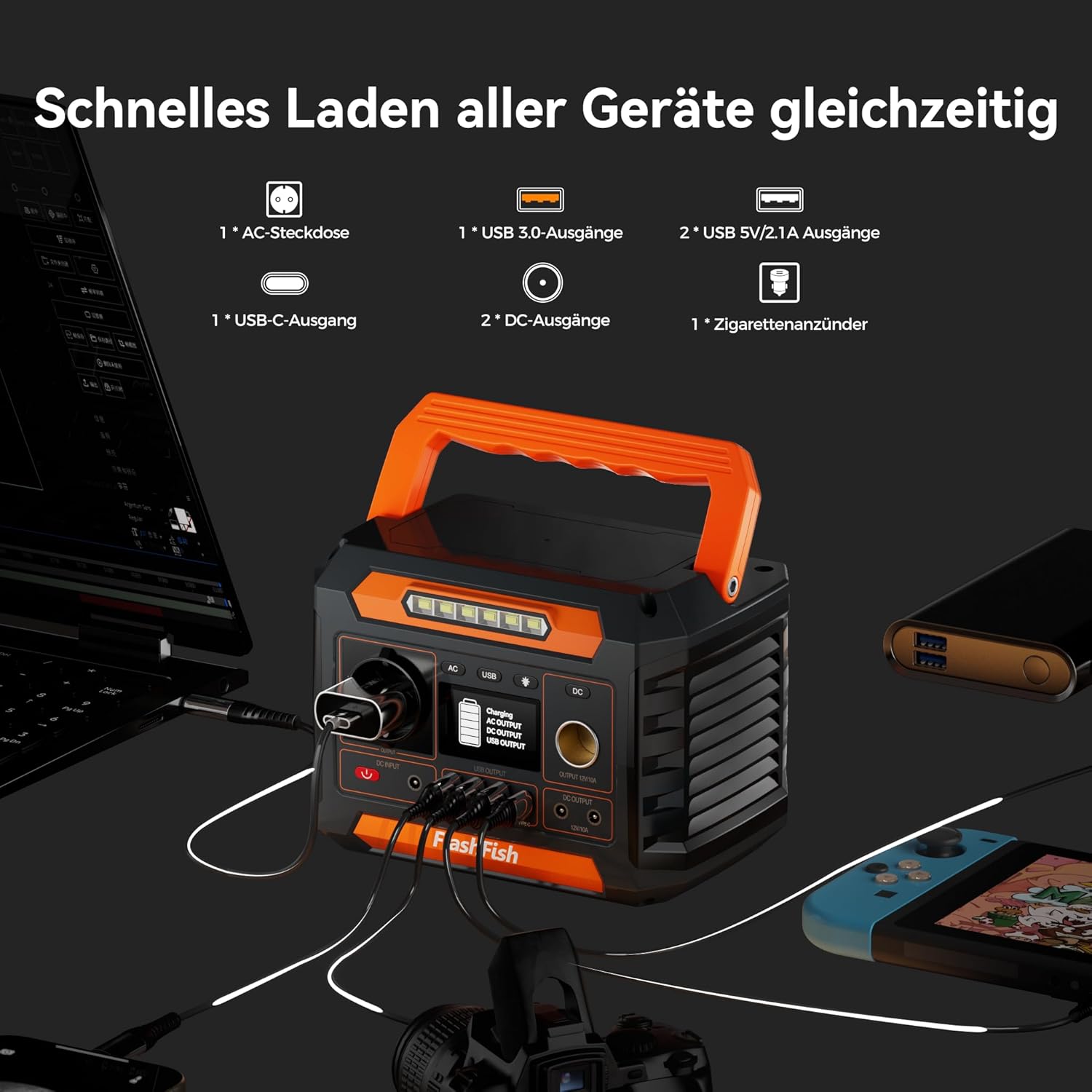 FlashFish - Power station portatile da 144,3 Wh con pannello solare, 60 W, 200 W, con 230 V AC/DC/USB/tipo C/LED, generatore di corrente per campeggio, viaggi, viaggi, in viaggio, alimentazione di
