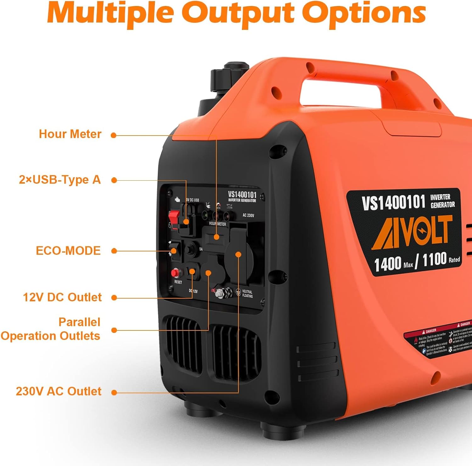 AIVOLT Generatore Inverter 1400 Watt generatore di corrente silenziato gruppo elettrogeno emergenza a benzina silenzioso per campeggio, festival e uso domestico con 2 prese USB, 12V DC e 230 V AC