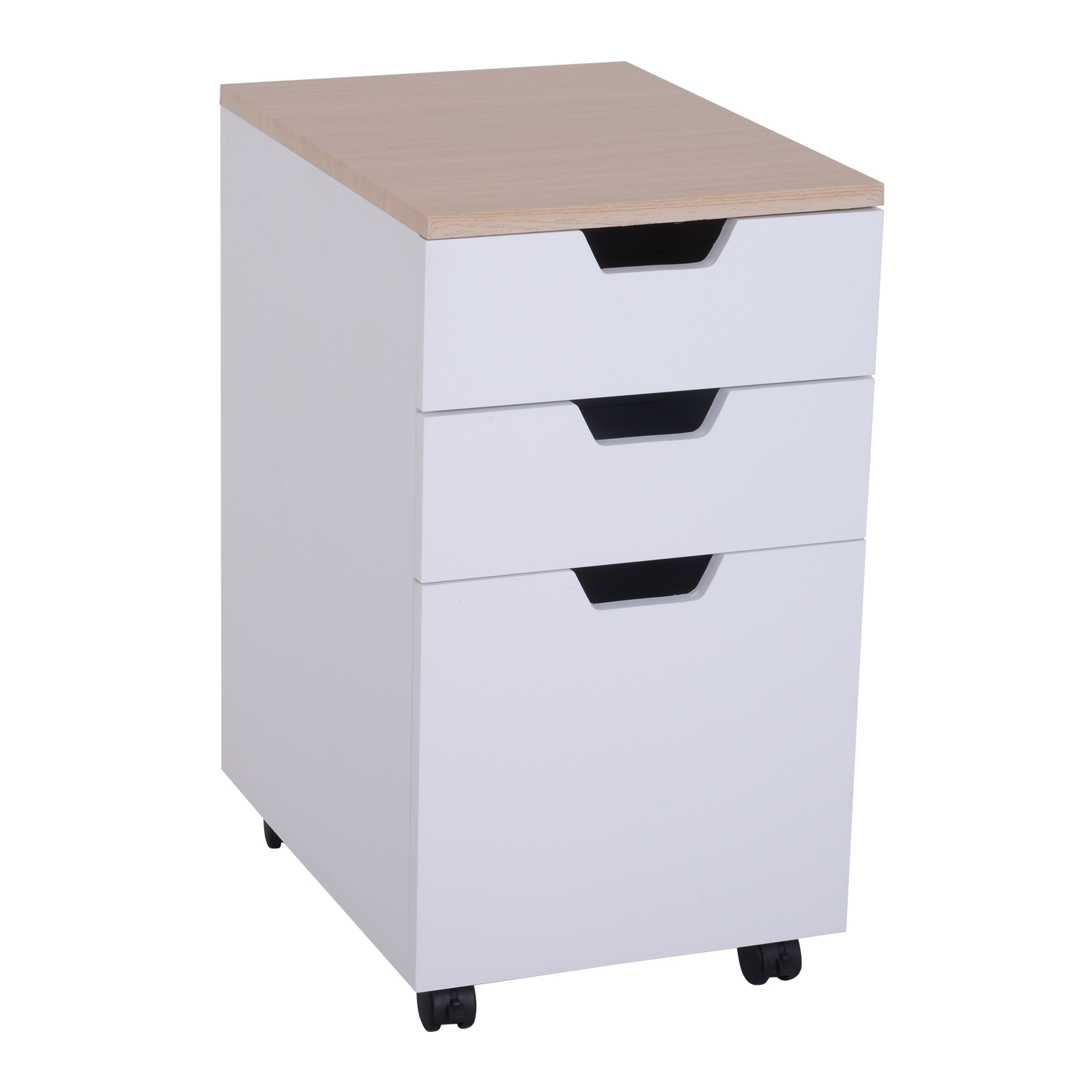 HOMCOM Rollcontainer, Bürocontainer mit 3 Schubladen, Büroschrank, Aufbewahrung, Container,4 Universalräder, Spanplatte, Weiß+Natur, 34 x 40 x 60,5 cm