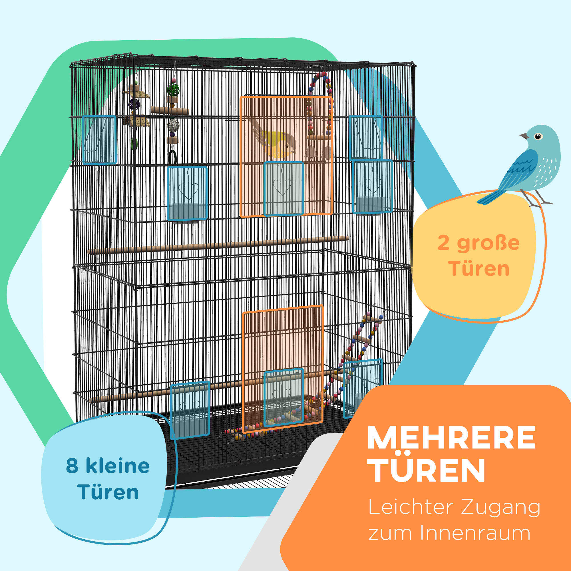 PawHut Vogelkooi inclusief Zitstokken, Vogelspeelgoed, Uitneembare Bodemlade, Zwart