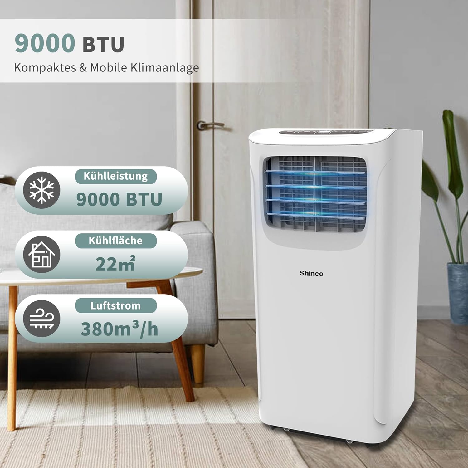 SHINCO Mobile Klimaanlage mit Abluftschlauch, 9000BTU, 2,6 kW, Kühlen&Ventilieren&Entfeuchten, Mobiles Klimagert mit Schlafmodus, Raumgre bis 22㎡, 24-Stunden-Timer