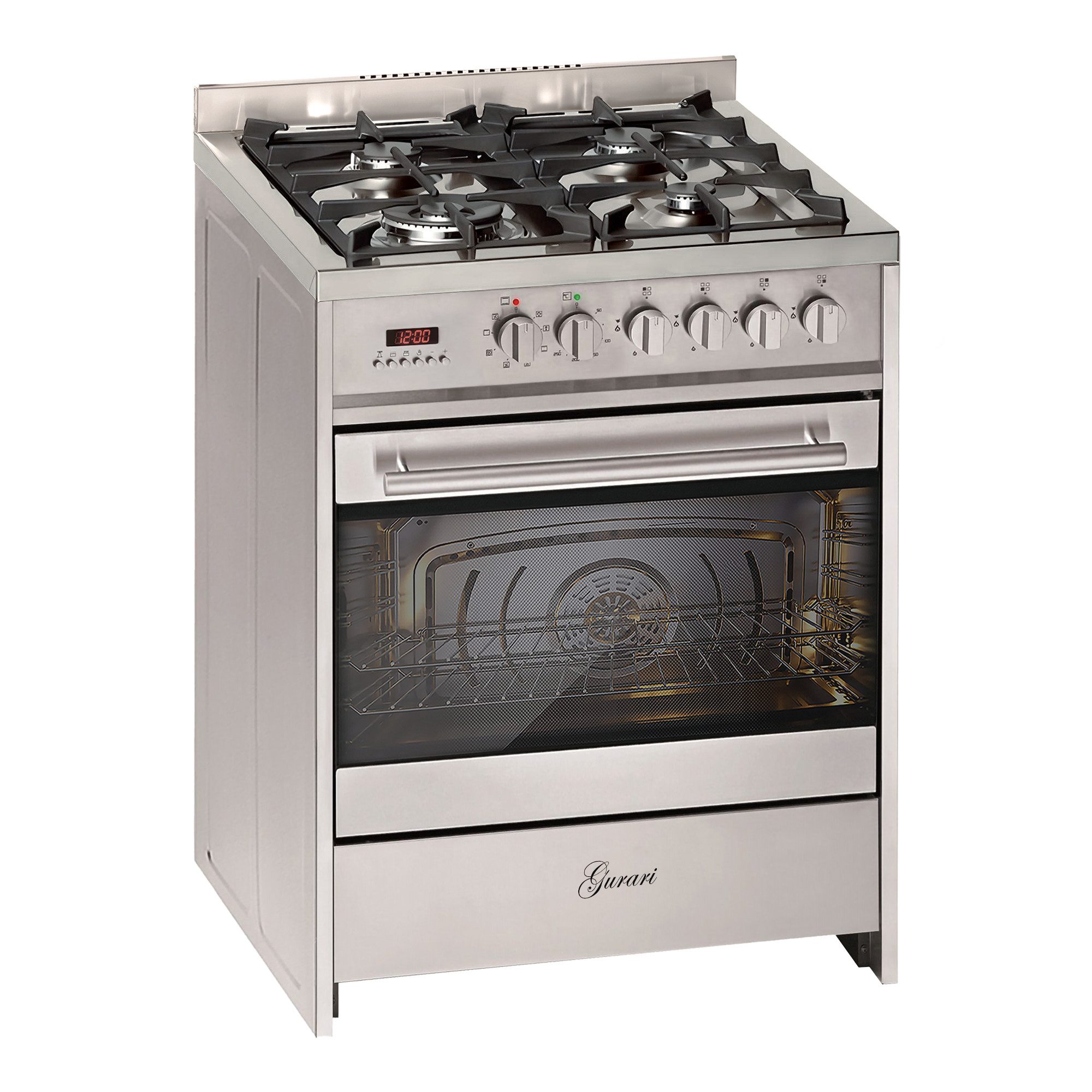 Gas-Standherd 60 cm Edelstahl Gasherd mit Elektrobackofen 60 L Range Coocker+Dunstabzugshaube 60 cm, 1000 m³/h, Edelstahl, Schwarzglas GCH E 610 X+CH6065 F
