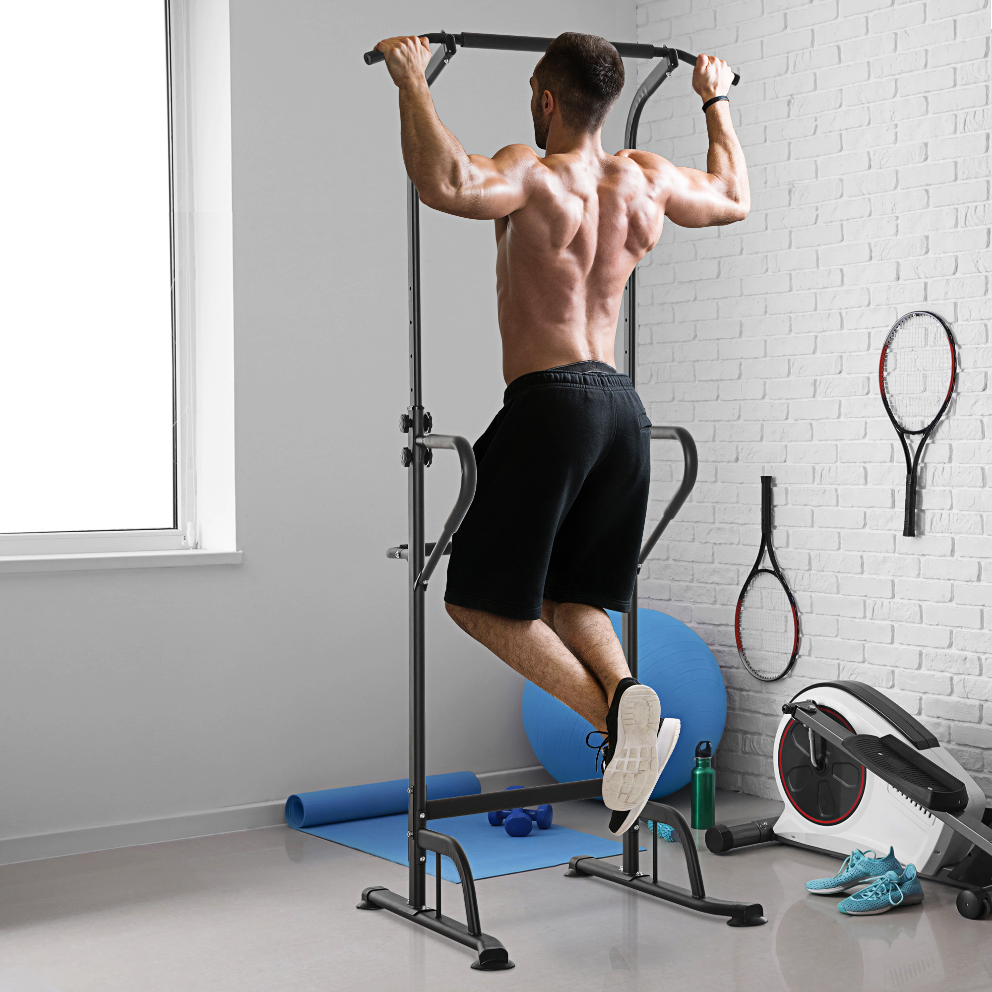 HOMCOM Multifunktionale Trainingsstation Klimmzugstange Römischer Stuhl höhenverstellbar Stahl Schwarz Rot