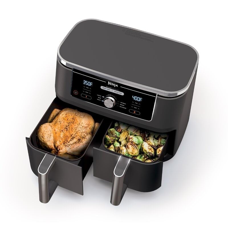 Ninja DZ401 Foodi 10 Quart XL 2 Basket Air Fryer, 6 in 1 with DualZone Technology, Match Cook & Smart Finish, Roast, Broil, Dehydrate, Family Sized Meals, Grey : Home & Kitchen