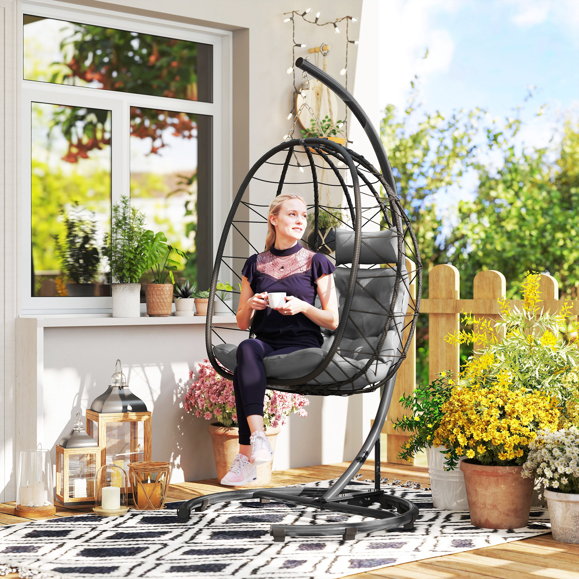 Outsunny Hängesessel Outdoor Hängesessel Egg Chair, wetterbeständig, inkl. Polster, 102 cm x 102 cm x 195 cm, Dunkelgrau