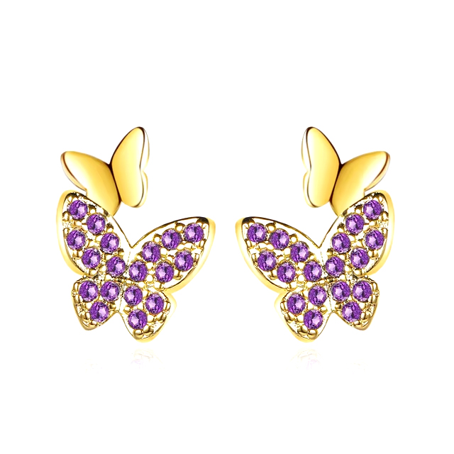 Gold Stud Butterfly Earrings Amethyst Purple Cubic Zircon