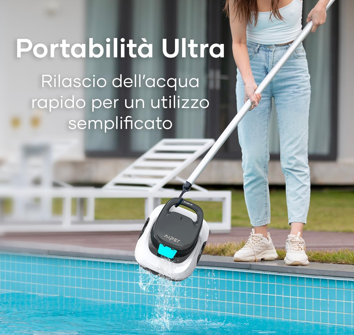 AIPER Scuba SE, Robot per piscina senza fili, Batteria a doppia azionamento, Parcheggio automatico, Adatto per piscine piatte fino a 80 mq, Drenaggio rapido, Autonomia 90 min (Beige)
