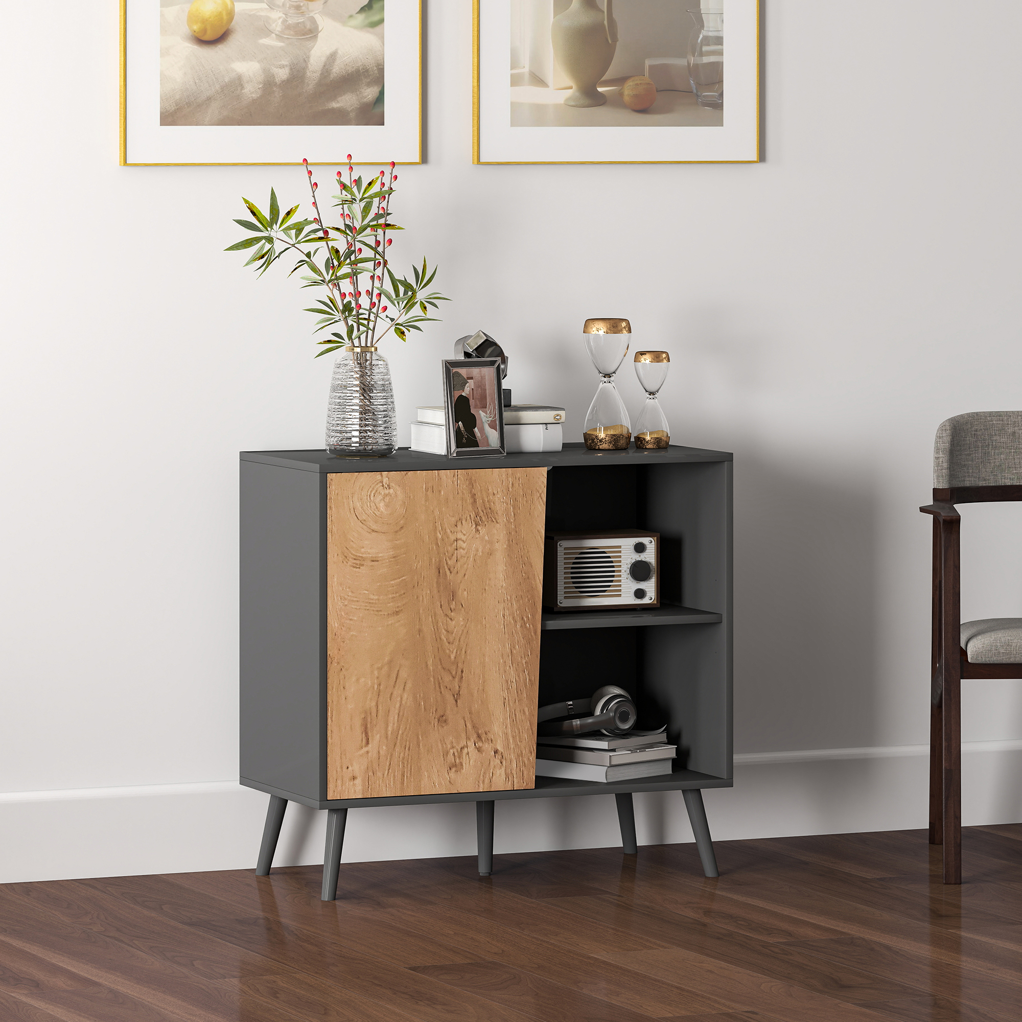 HOMCOM Moderne Kommode mit Schrank und Fach, aus Holz, 80x39x76 cm, Dunkelgrau