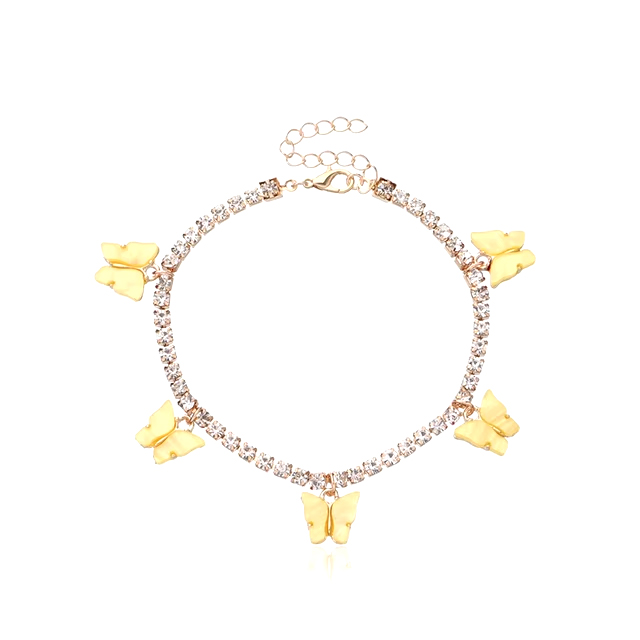 Yellow Butterfly Anklet Sterling Silver Shiny Rhinestone Crytal Foot Chain