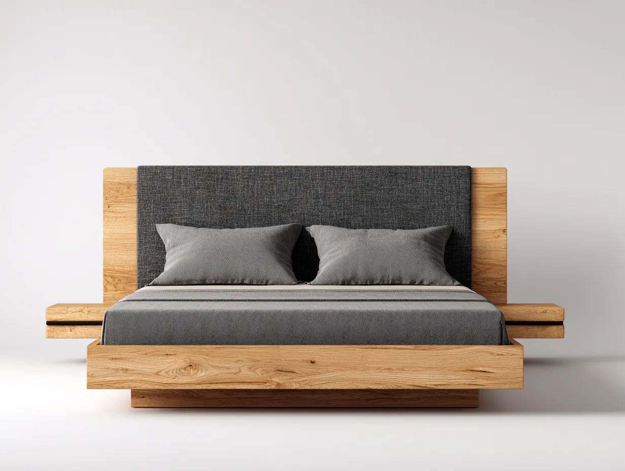 Letto matrimoniale - legno-tessuto - 214x178x104 cm - naturale-grigio scuro - stile moderno