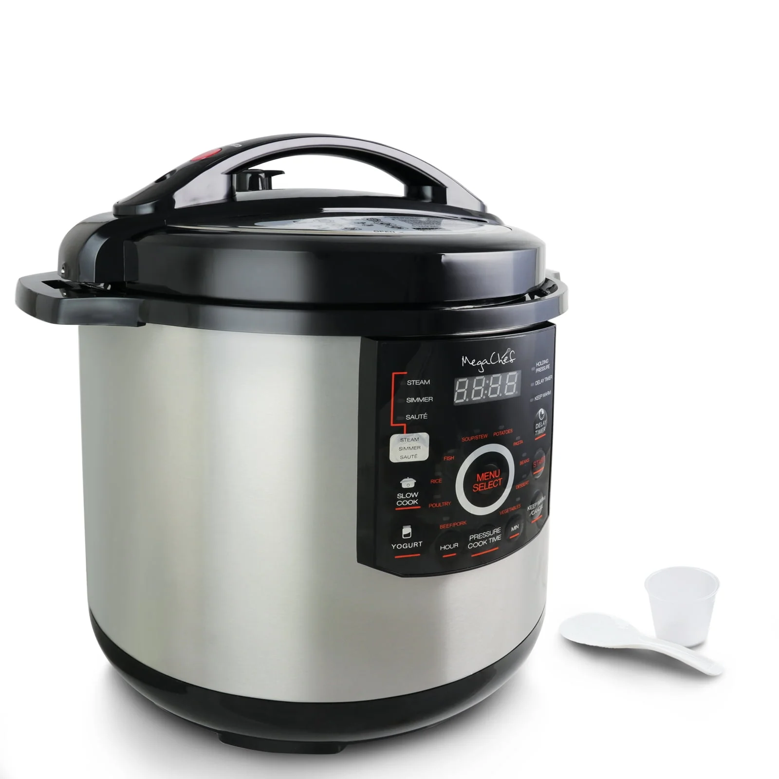 Megachef 12Qt Steel Pressure Cooker with 15 Presets, Non stick Pot & Glass Lid