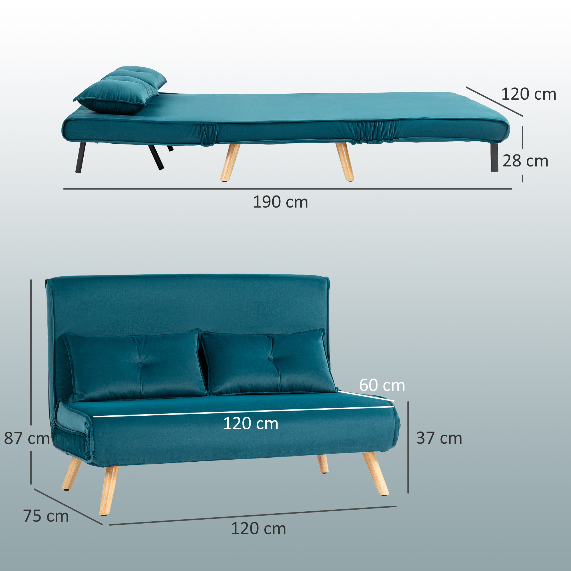 2-Zits Slaapbank, Bedbank, in Bed om te Toveren Couch, Verstelbare Rugleuning, Stofbekleding, Metalen Frame, Groen