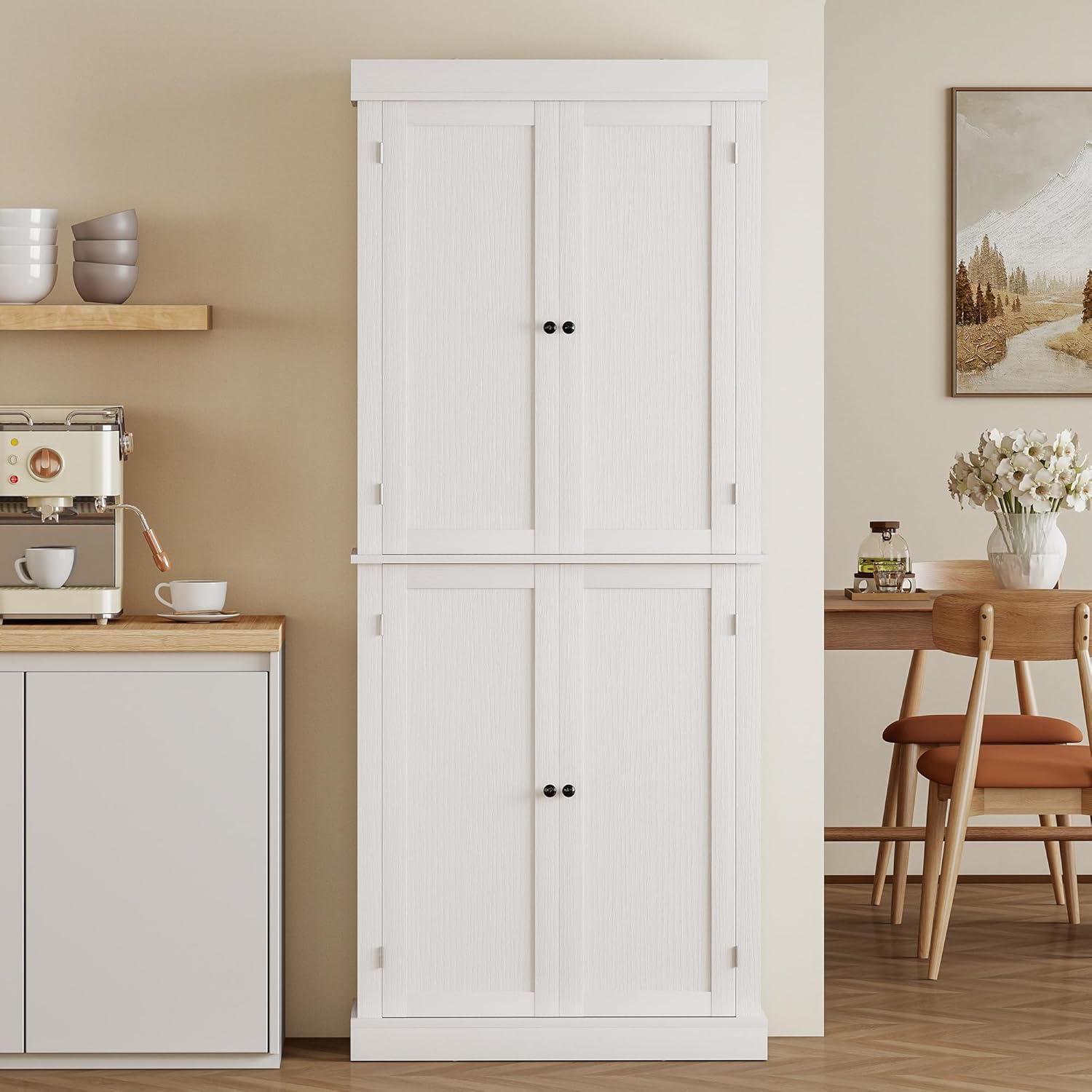 HOMCOM Mobile Cucina Alto con 6 Ripiani e 2 Ante, Armadio Dispensa con Ripiani Regolabili in Legno, 76x40.5x184 cm, Bianco