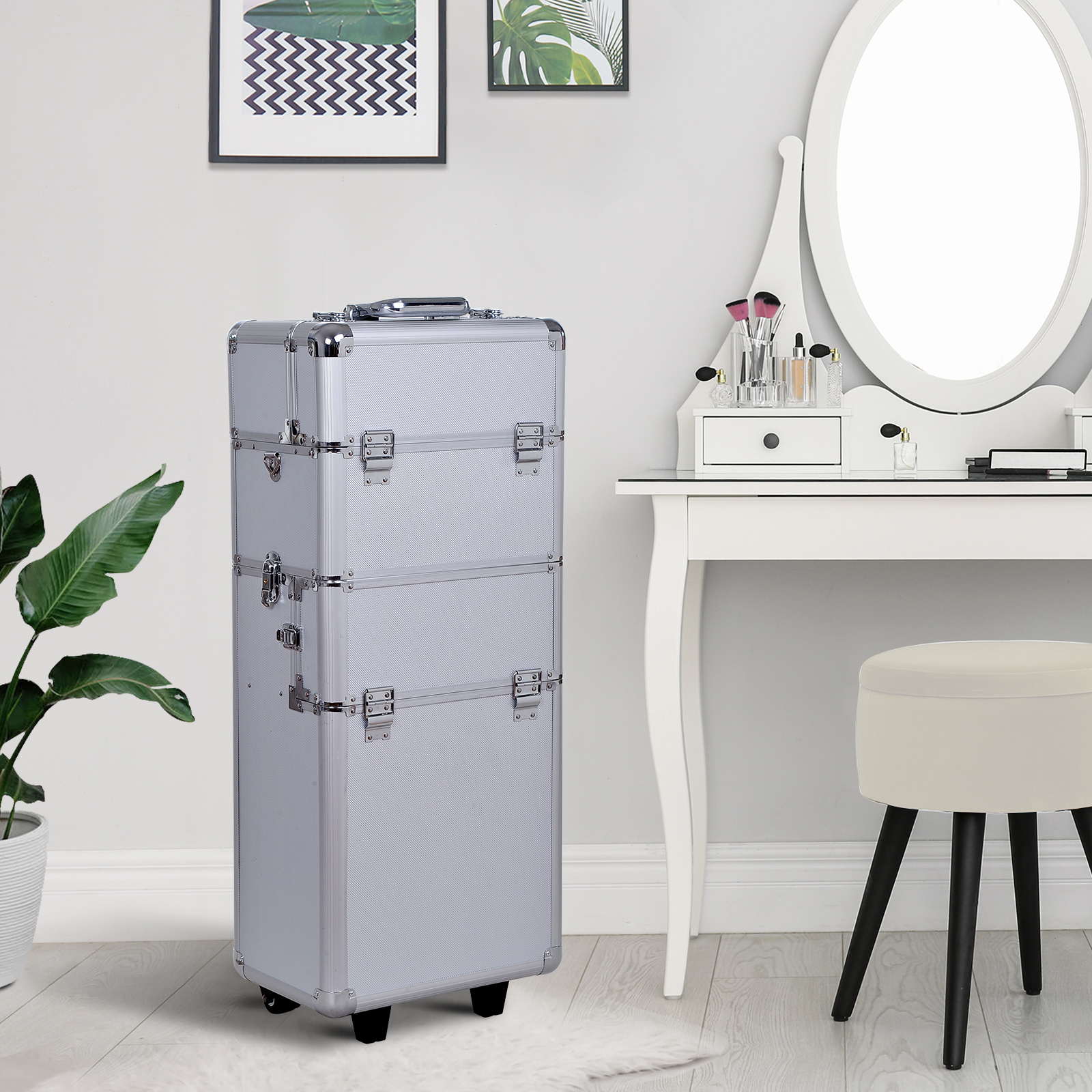 HOMCOM Schminkkoffer 2-in-1 mit auf 3 Höhen einstellbarem Griff und Rollen, professioneller Make-up-Trolley aus Aluminium, 35,5x23x105 cm, Silber