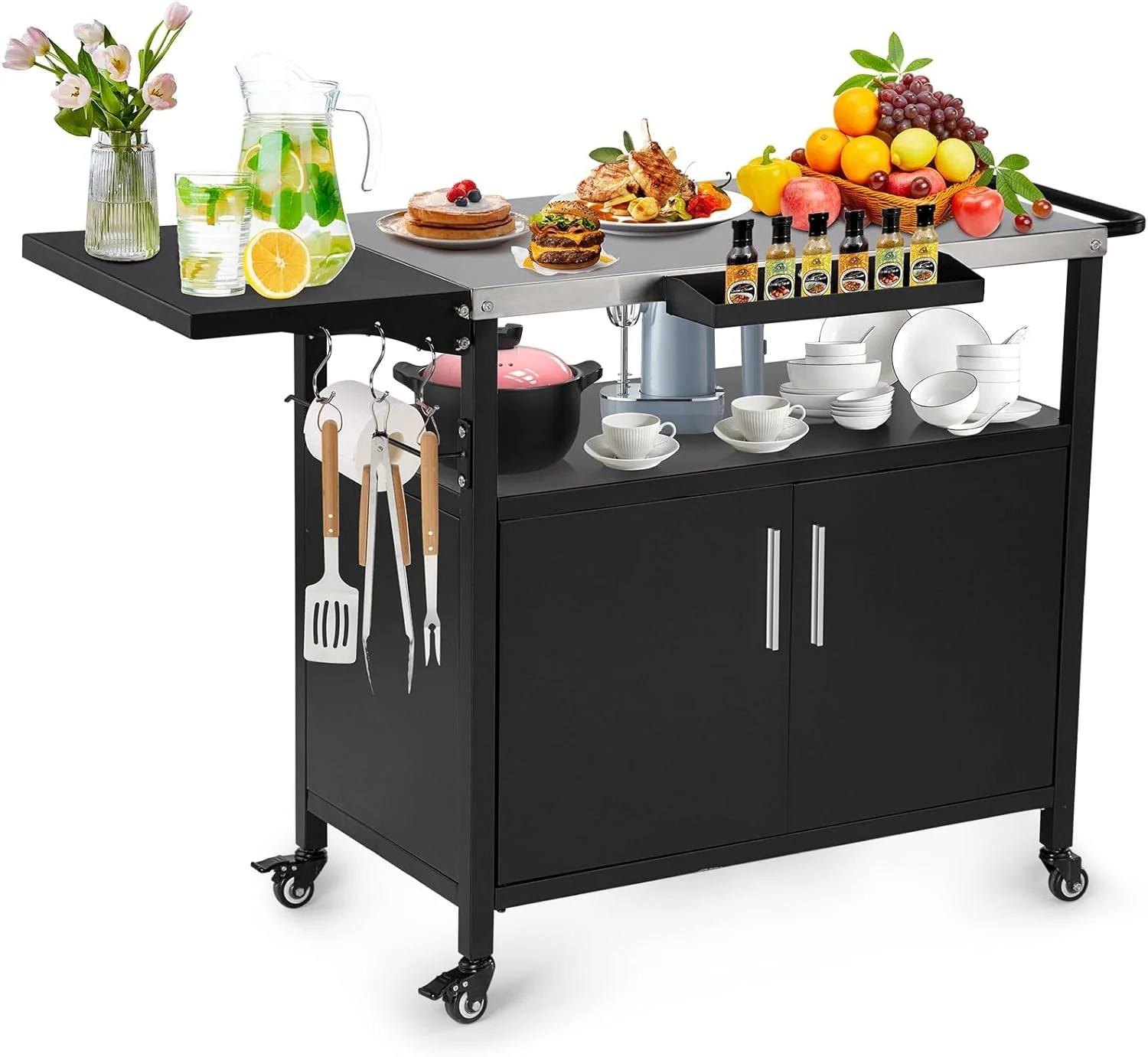 "Outdoor Grill with Lockers, Stainless Steel Pizza Oven Rack Prep Table, Bar Terrace Kitchen Island, 4 Wheels with Brakes"