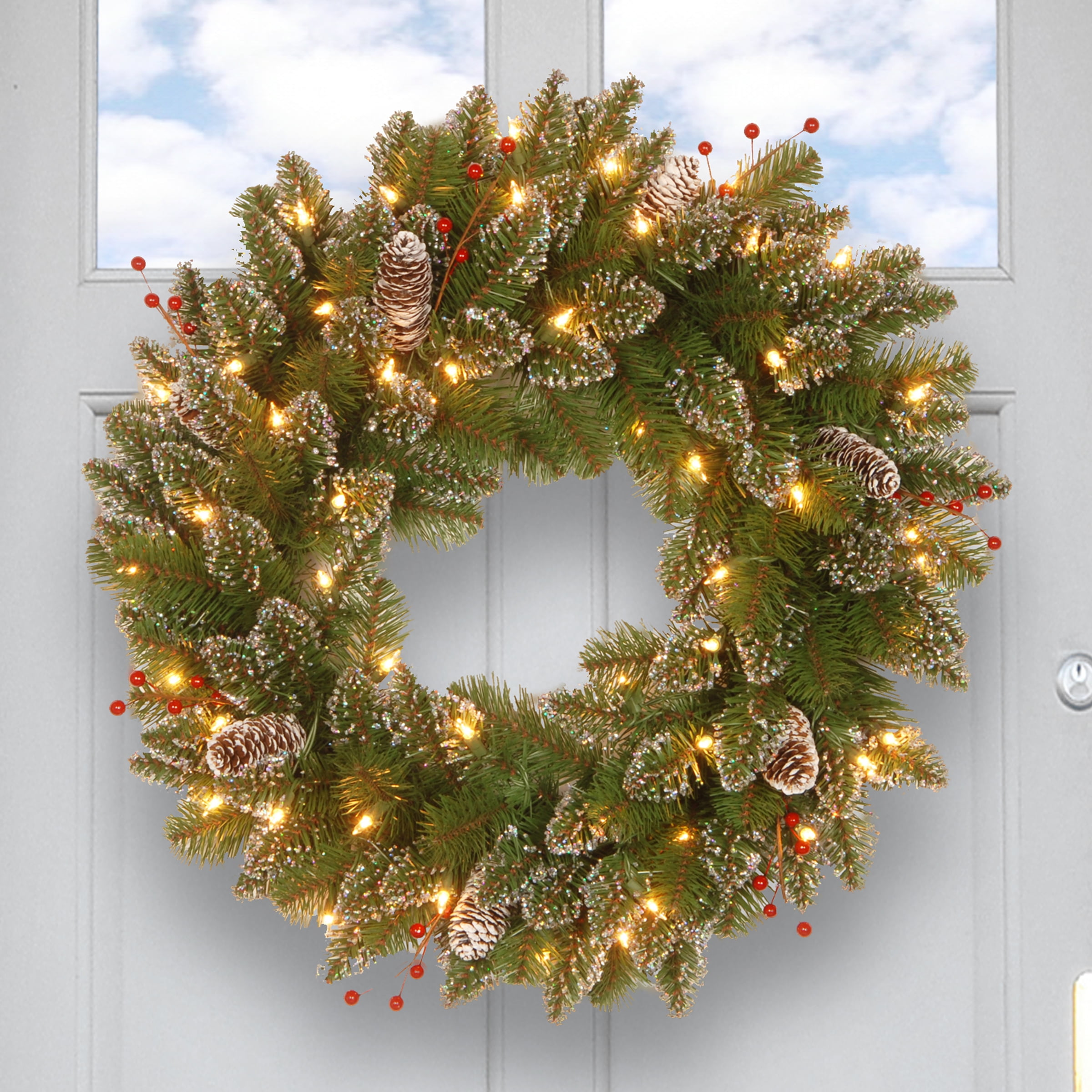 National Tree Company 24&prime;&prime; Glittery Mountain Spruce Wreath with LED Lights, Pine Cones & Red Berries, Indoor/Outdoor Use