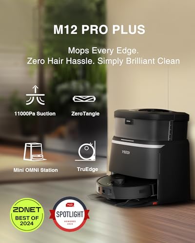 Yeedi M12 PRO  Robot Vacuum and Mop, 11000Pa Strong Suction, ZeroTangle Technology, TruEdge Deep Mopping, Auto Mop Washing/Drying, Auto Lift Mopping, Mini Omni Station, Black