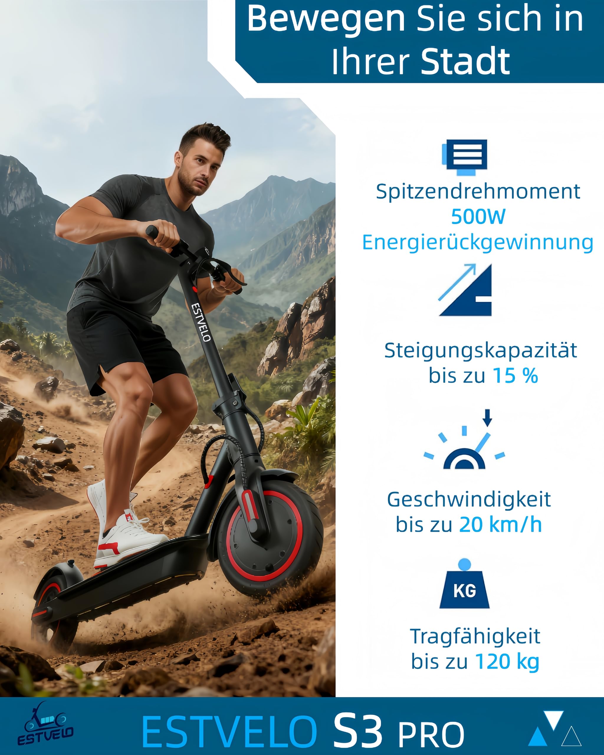 E-Scooter S3 PRO Elektroroller mit Luftreifen, 350-W-Motor, 20 km/h, 30 km Reichweite und 120 kg Belastung
