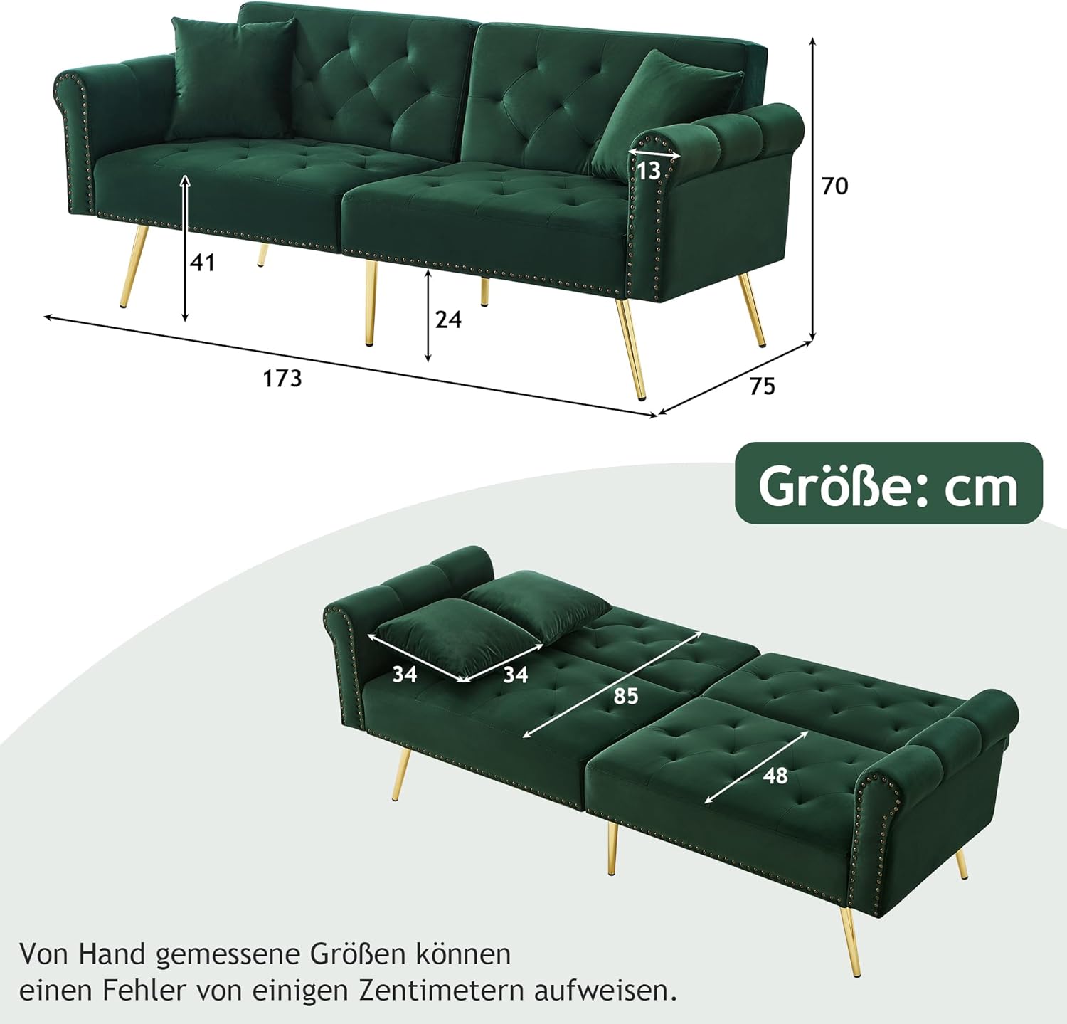 Moderno divano letto a 2 posti, rivestimento in velluto, schienale con 3 livelli di regolazione e piedini in metallo dorato, elegante divano con funzione di sonno, salvaspazio, resistente (verde