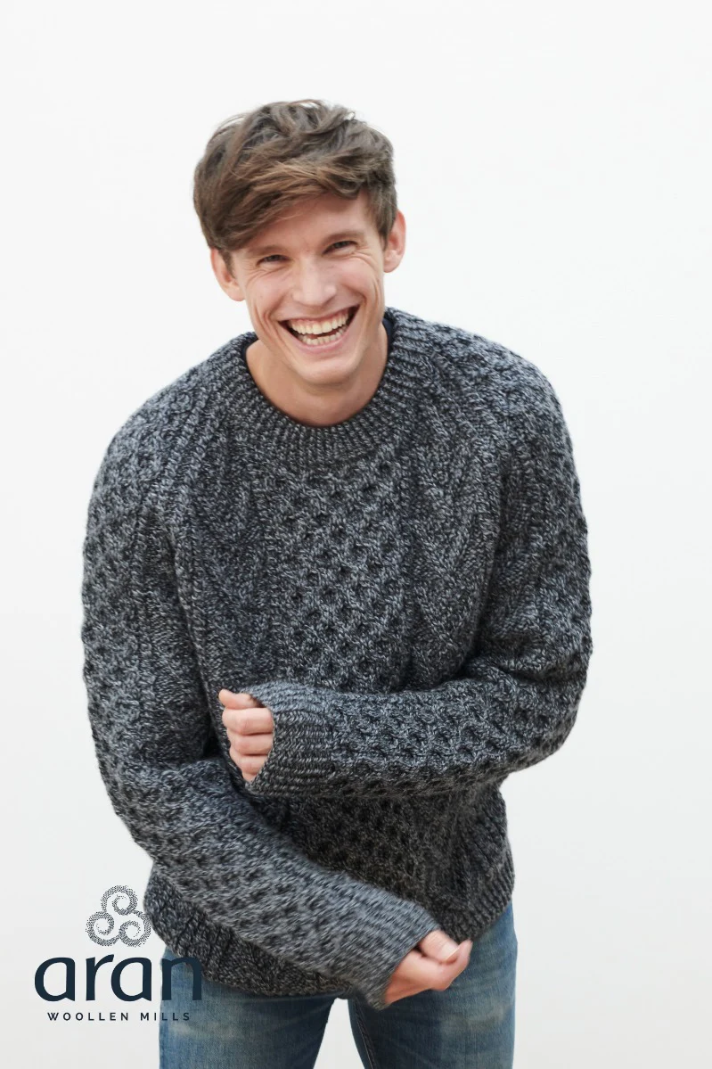 Handknit Crew Neck Aran Sweater , Charcoal