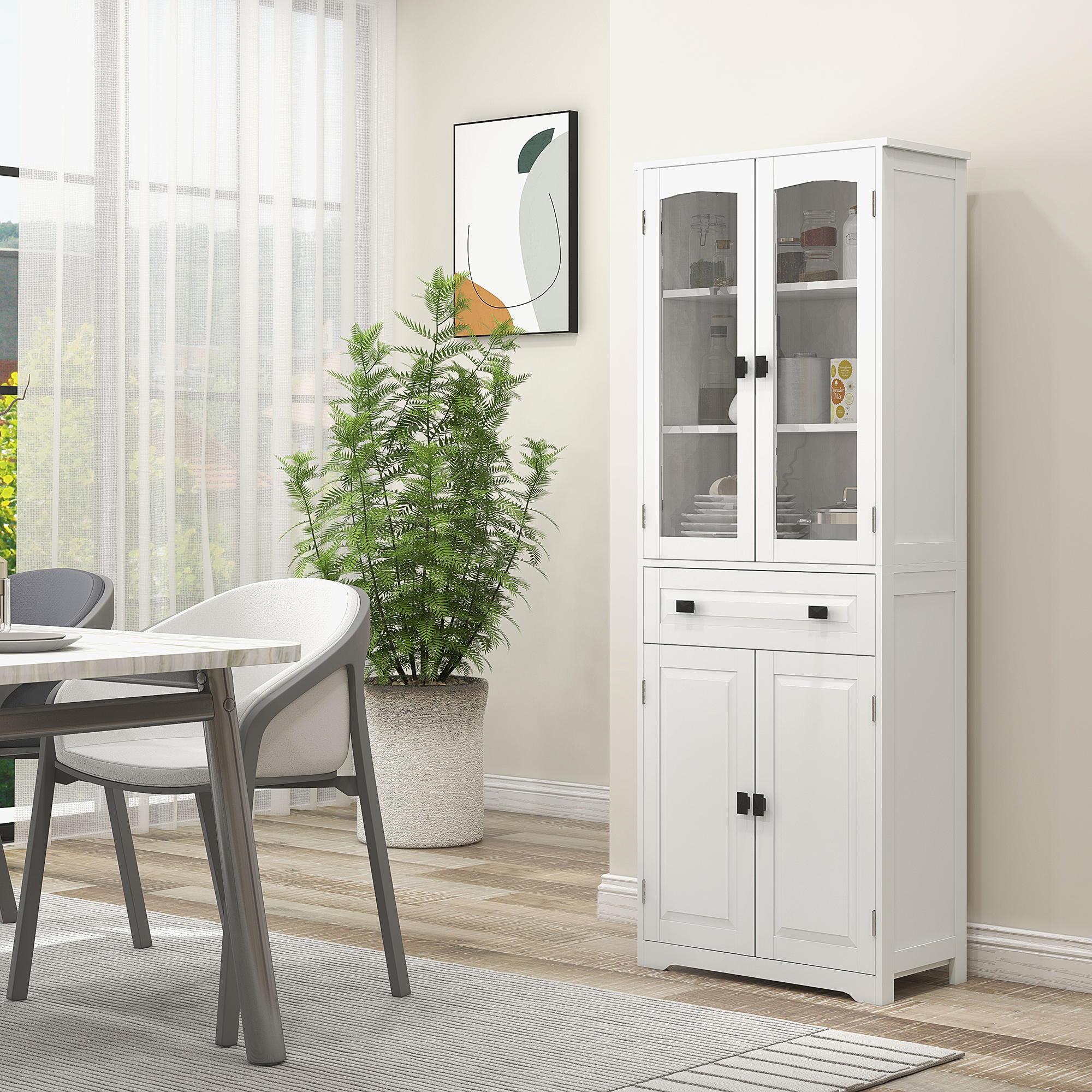 HOMCOM Hochschrank Küchenschrank 4 Türen davon 2 Glastüren und 1 Schublade Höhe 160 cm mit Regalen aus Holz Weiß