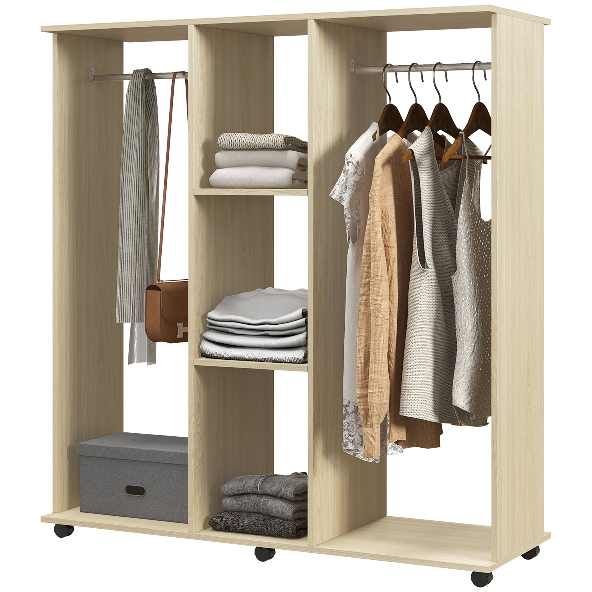 HOMCOM Schrankgarderobe Mobiler Aufbewahrungsschrank 6 Rollen 120L x 40B x 128H cm aus Naturholz