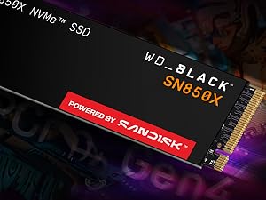 Tekst brzmi „WD_BLACK SN850X” i „POWERED BY SANDISK”. Wysokowydajne urządzenie pamięci NVMe SSD z czarną obudową i czerwonym oświetleniem akcentującym.