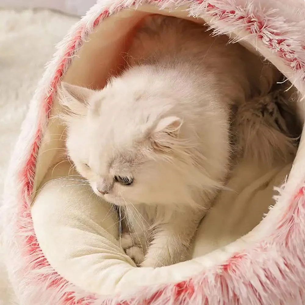 Plush Cat Cave Bed �C Semi-Enclosed, Machine Washable & Anti-Slip Base