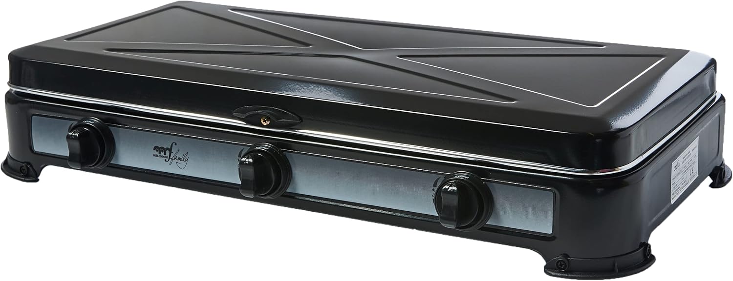 Melchioni Family Minerva 3 - Fornello a Gas 3 Fuochi, Acciaio smaltato, Potenza 2.9Kw, Nero, 59.5 x 33.5 x 11 cm