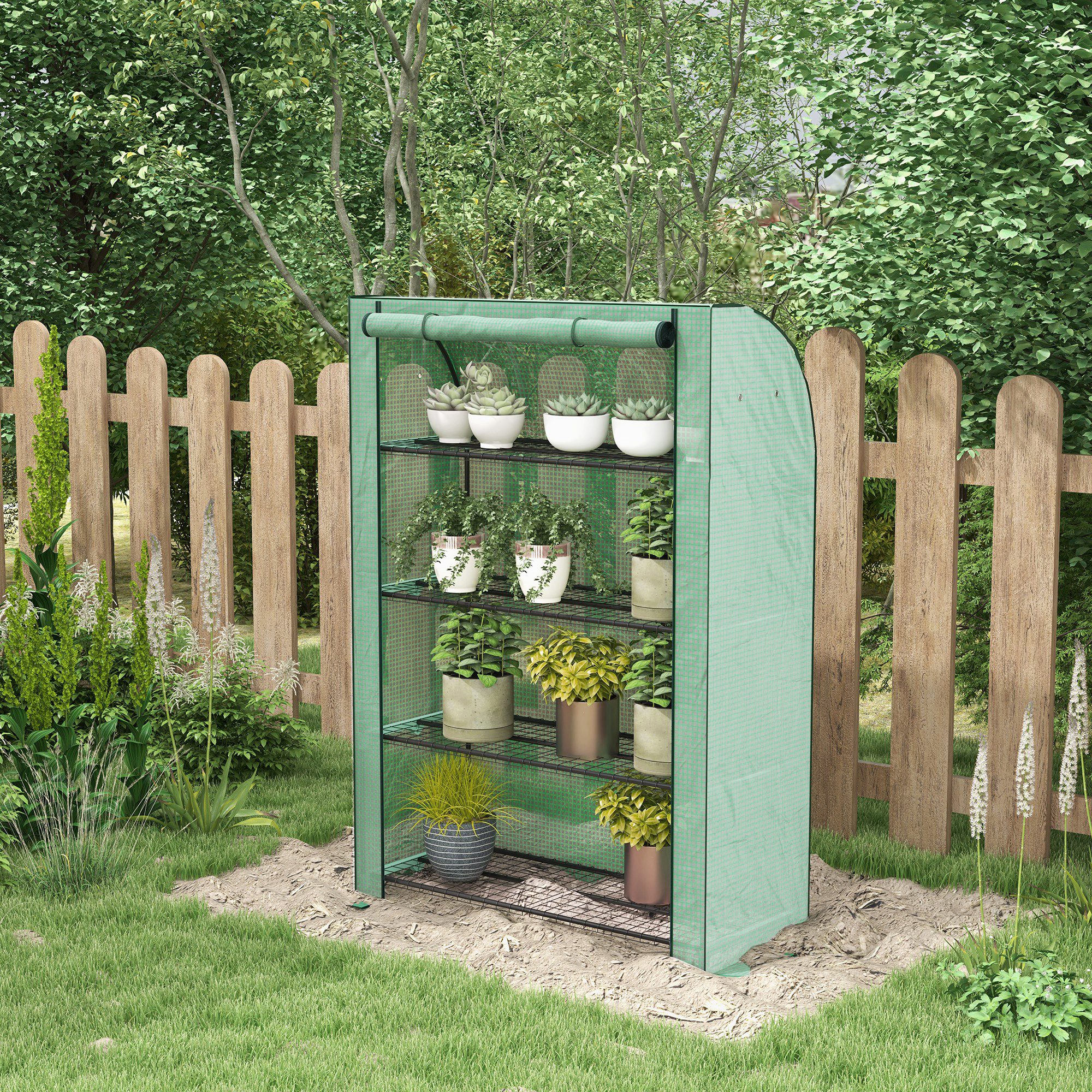 Outsunny Mini-Gewächshaus mit 4 Etagen mit verstärkter PE-Abdeckung, Rollladentür und Regalen 120 x 50 x 170 cm, grün