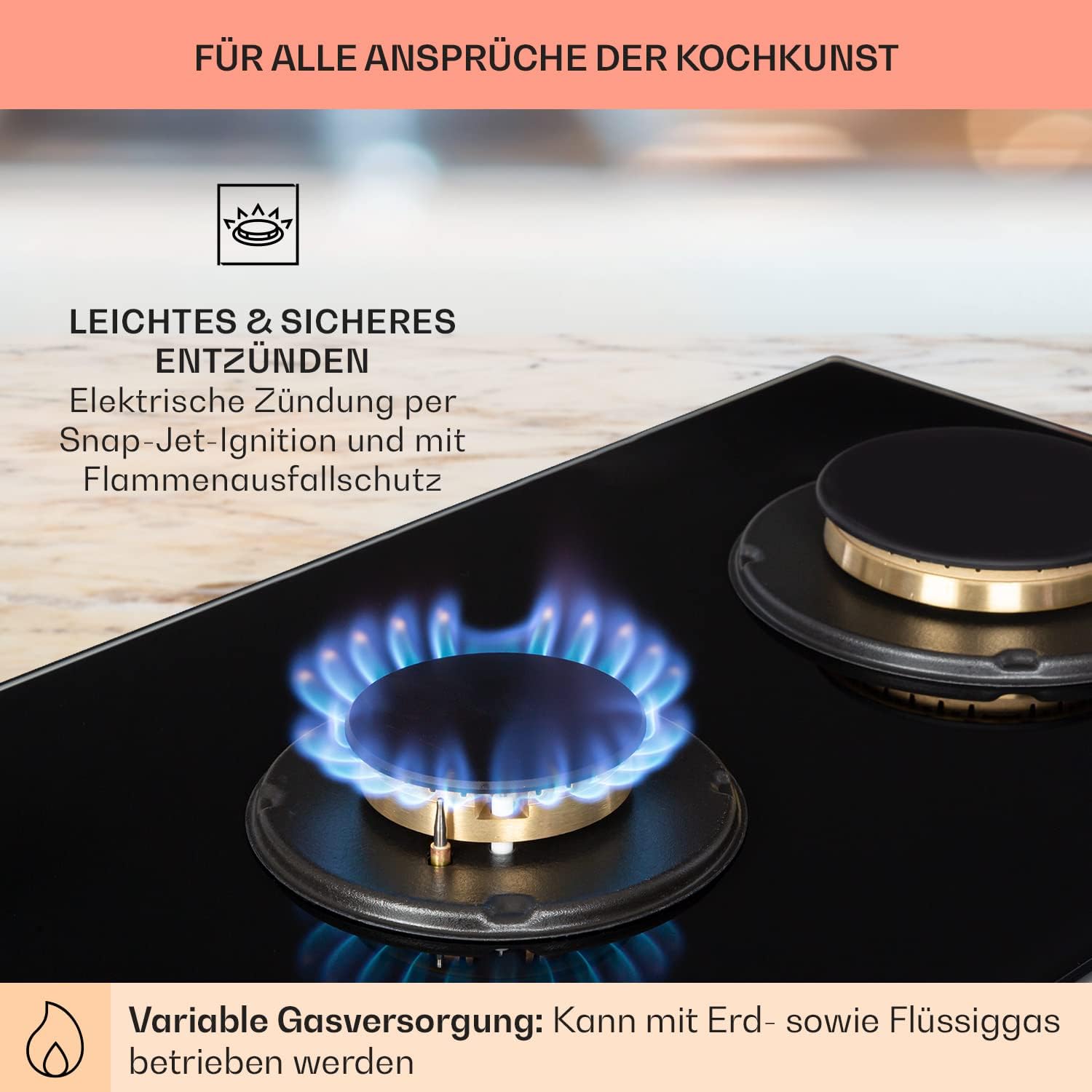 Klarstein Gasherd, Gaskochfeld 4 Flammig, Einbau-Gaskocher für Zuhause & Wohnmobil, Campingkocher mit Glasplatte, Gasherd für Propan- und Erdgas, Edelstahl Gas-Herdplatte Wok Brenner 8000 Watt