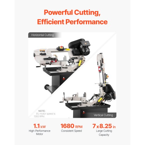 VEVOR Metallbandsäge, 1,1 KW, 7 x 8,25 Zoll Schnittleistung, horizontales und vertikales Schneiden, 4 Geschwindigkeiten Bandsäge mit variabler Geschwindigkeit 220 V, 0° bis 45° drehbare Basis zur Bearbeitung von Stahl, Aluminium, Messing, Holz und Ku