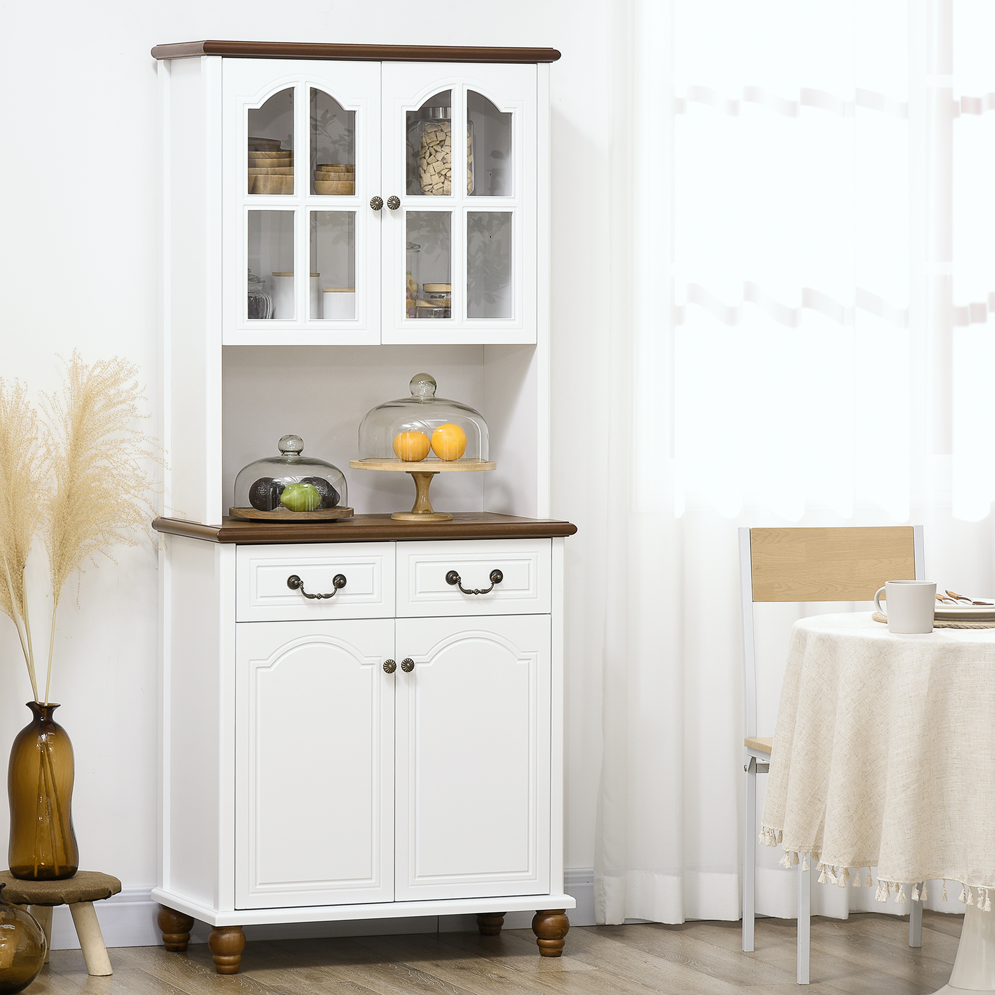 HOMCOM Küchenschrank, Buffet, 2 Schubladen, 2 Schrankfächer, klassisches Design, Weiß+Dunkelbraun, 76 x 38 x 182 cm