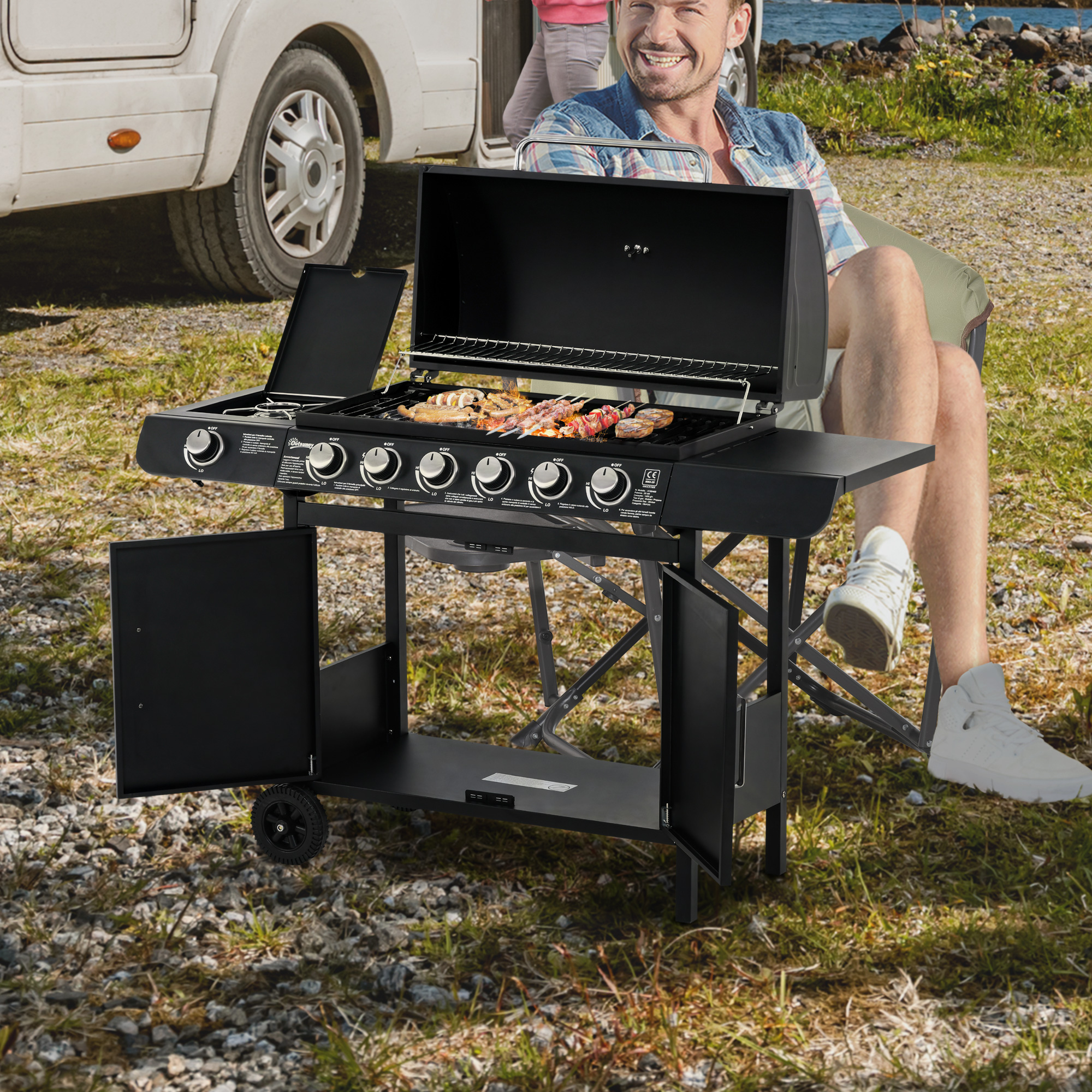 Outsunny Gasgrill mit 7 Brennern, inkl. Thermometer,  BBQ -Grill, mobiler Grill, Schwarz