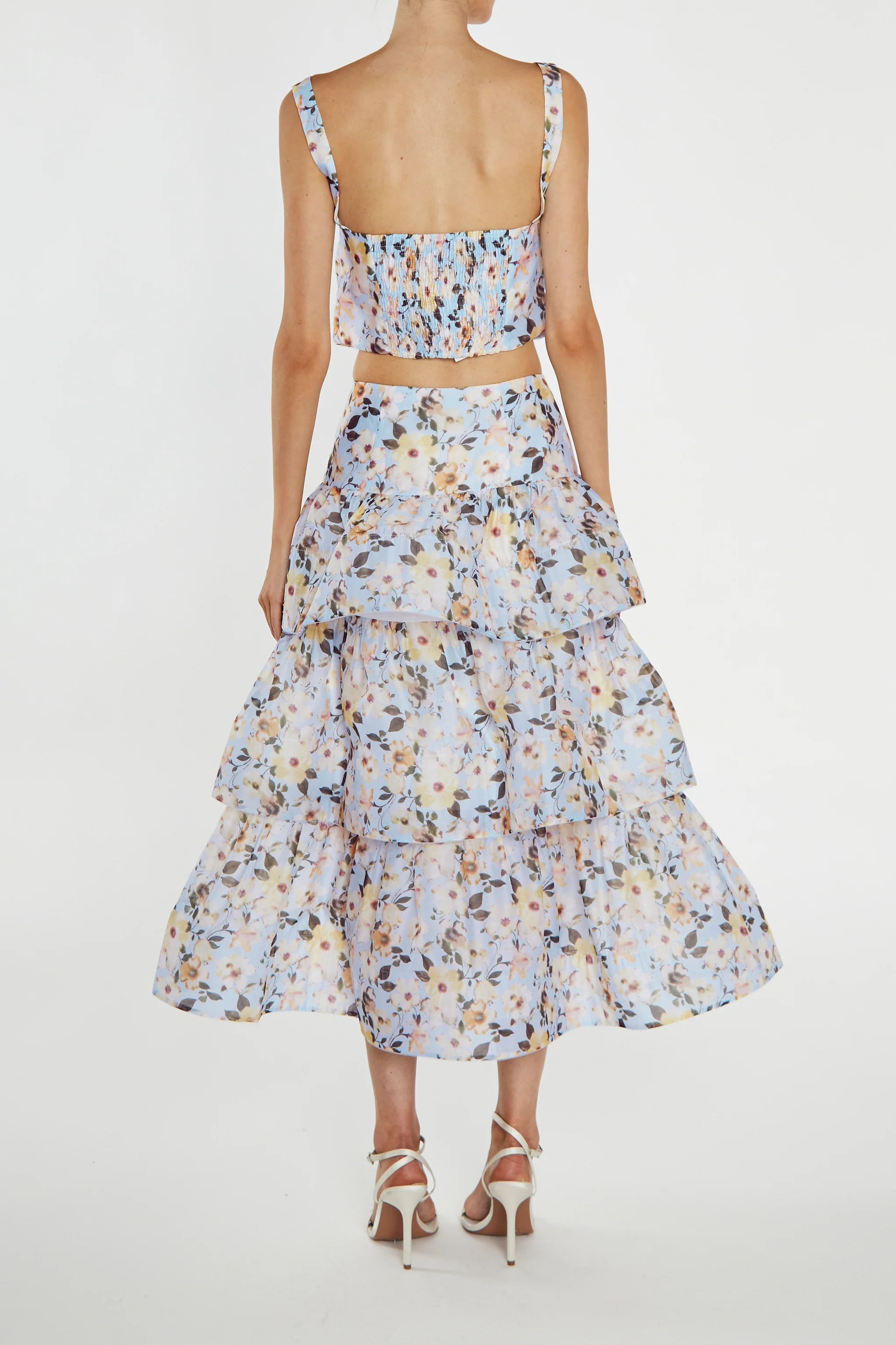 Maisie Co-ord Pale-Blue Flower Organza Wrap Bust Crop-Top