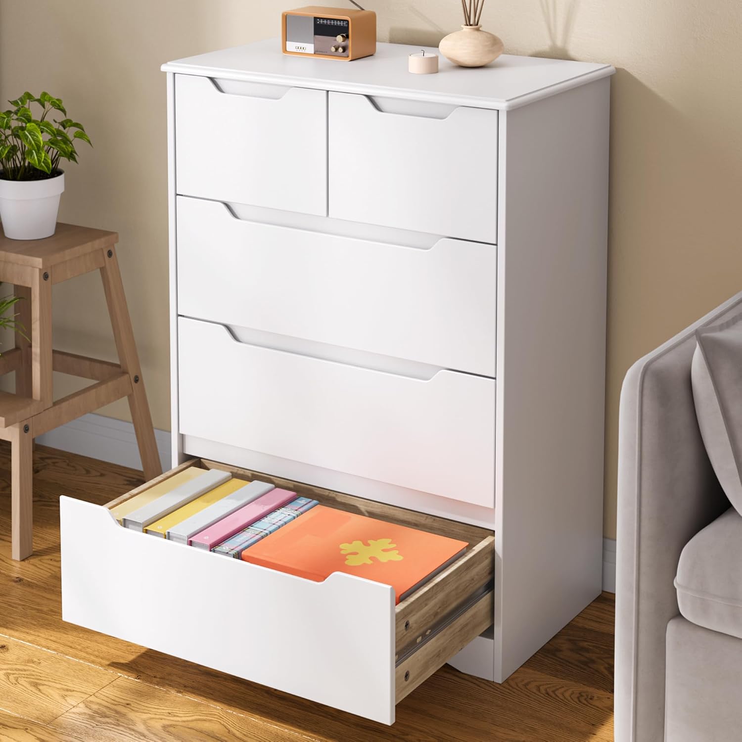 Cassettiera Camera da Letto con 5 cassetti, settimino camera da letto,Moderno e Salvaspazio per la Camera da Letto Soggiorno e Ingresso, 94 x 72 x 41 cm,Bianco