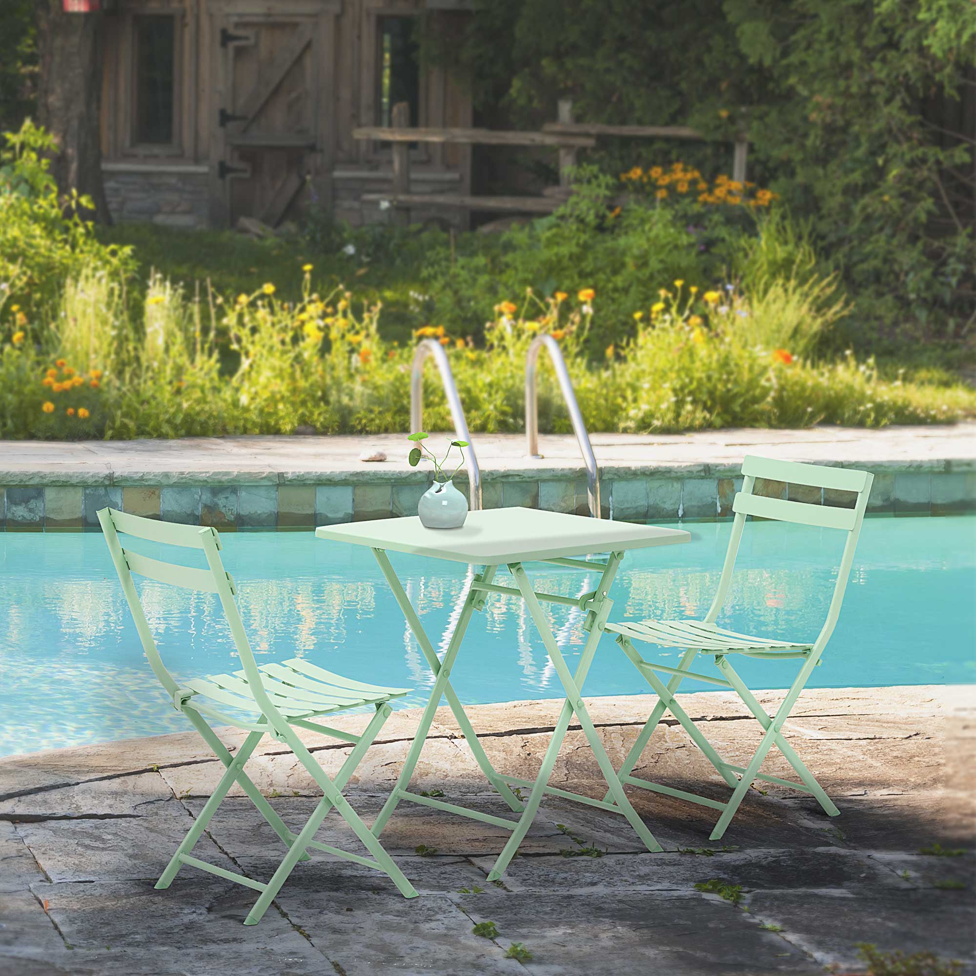 Outsunny Gartenmöbel Bistro Set klappbar - quadratischer Tisch 60L x 60B x 71H cm mit 2 Stühlen - pulverbeschichteter Stahl Wassergrün