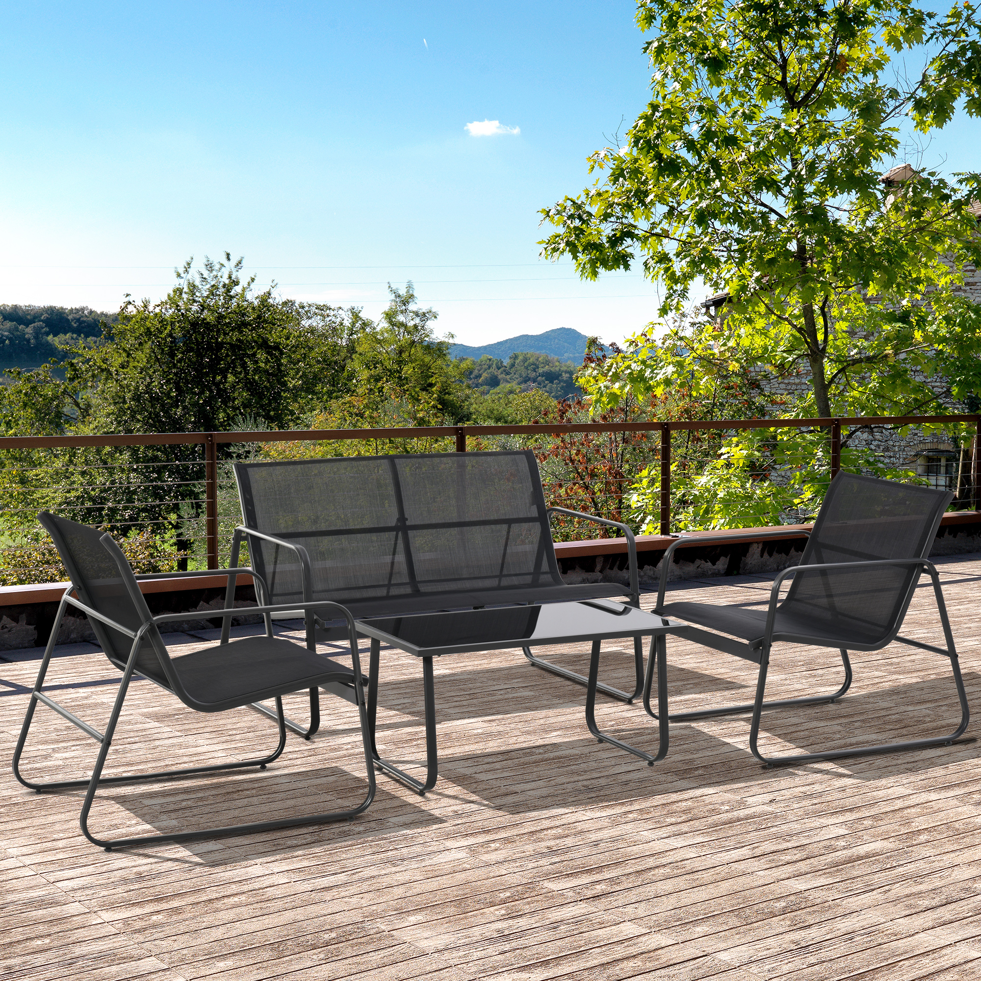 Outsunny Set Tisch mit Bank und 2 Stühlen für den Garten, Gartenmöbel-Set aus Metall und Texteline, Schwarz