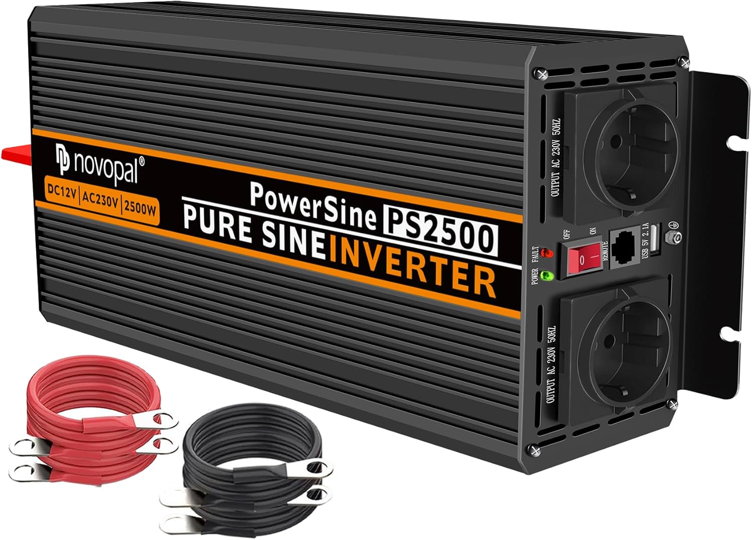 Novopal 3000W 6000W Inverter 12V 220V Onda Pura con 2 EU Presa,1 USB and 5 Metri di Telecomando,Adatto per Case, Camper, Camion, Sistemi Solari Off-Grid
