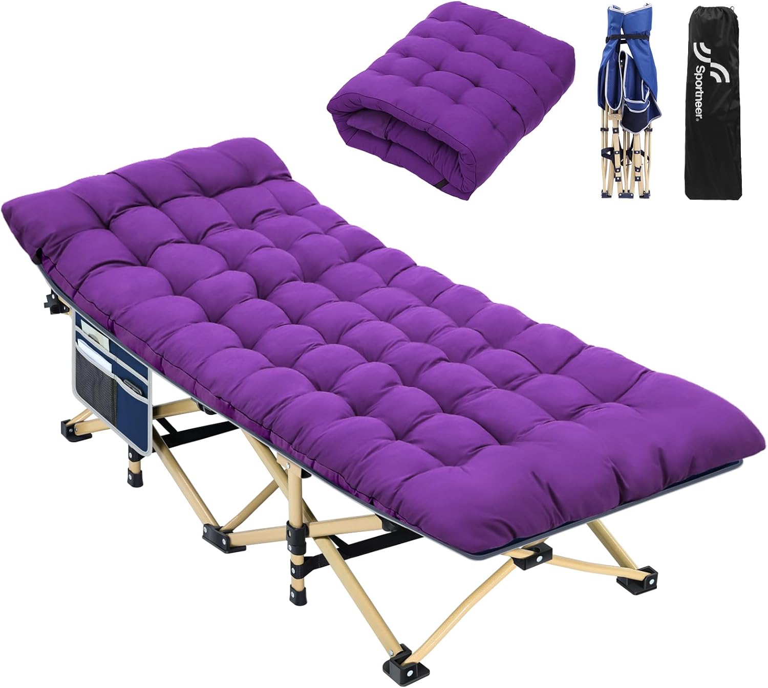 Sportneer Culla da Campeggio Portatile con Materasso, Lettino Pieghevole per Adulti 188 x 71 x 35 cm Pesante Pieghevole con Imbottitura per Tenda da Campeggio, Ufficio