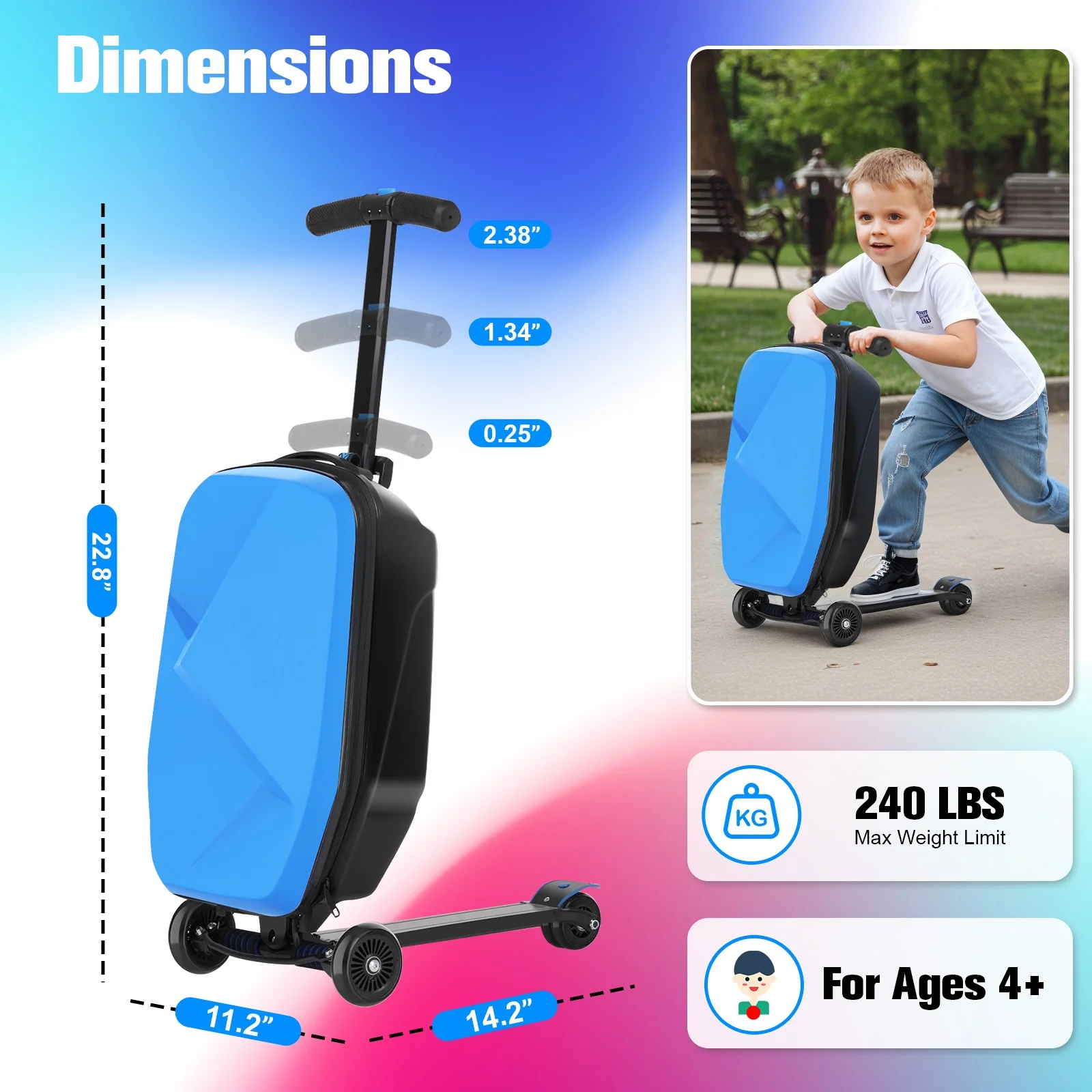 Advwin Scooter Luggage for Kids & Adults, Hardside Ride on Suitcase for Kids Ages 4-15 Multifunctional Lightweight Foldable Carry on Luggage with Wheels Ride on for Children Teenagers, Pink