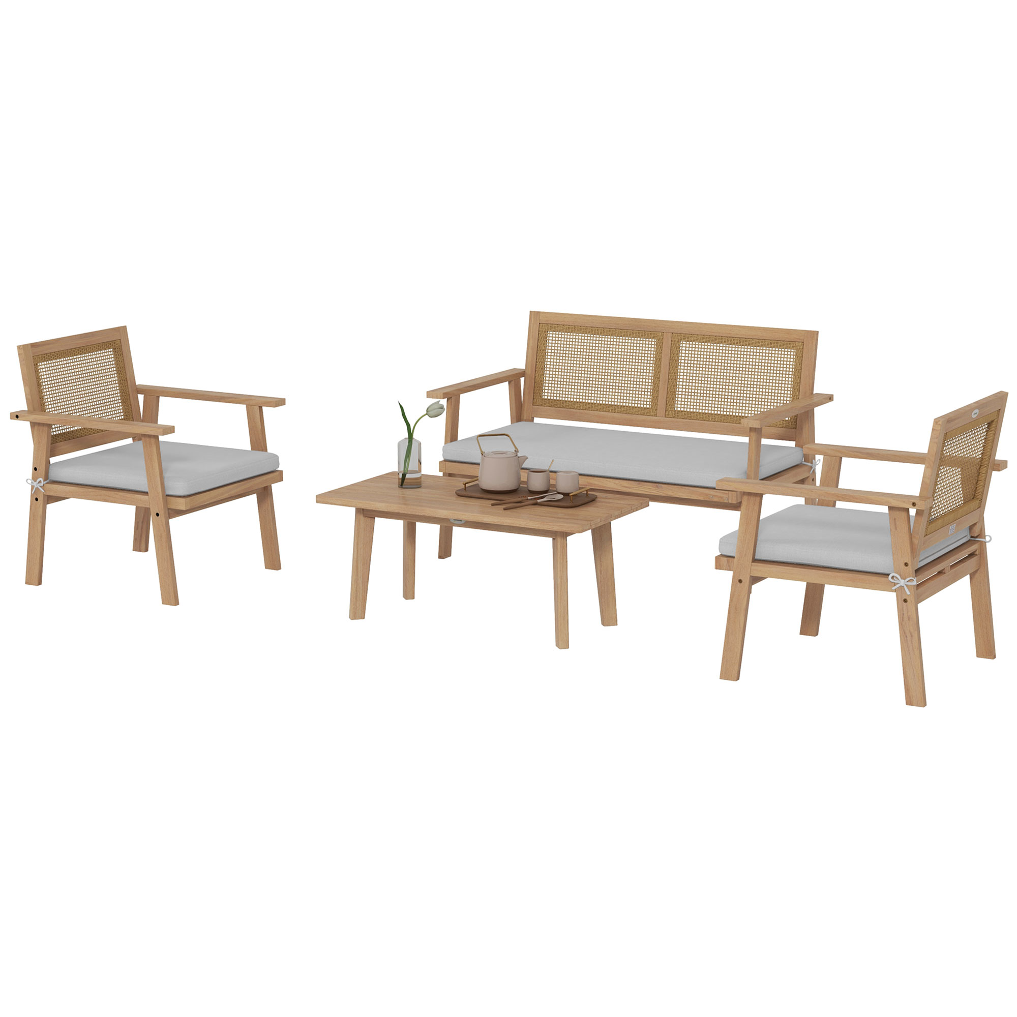 Outsunny Gartenmöbel-Set 4-teilig für 4 Personen mit 2-Sitzer-Sofa, 2 Sesseln, 1 Couchtisch, Kissen, Akazienholz