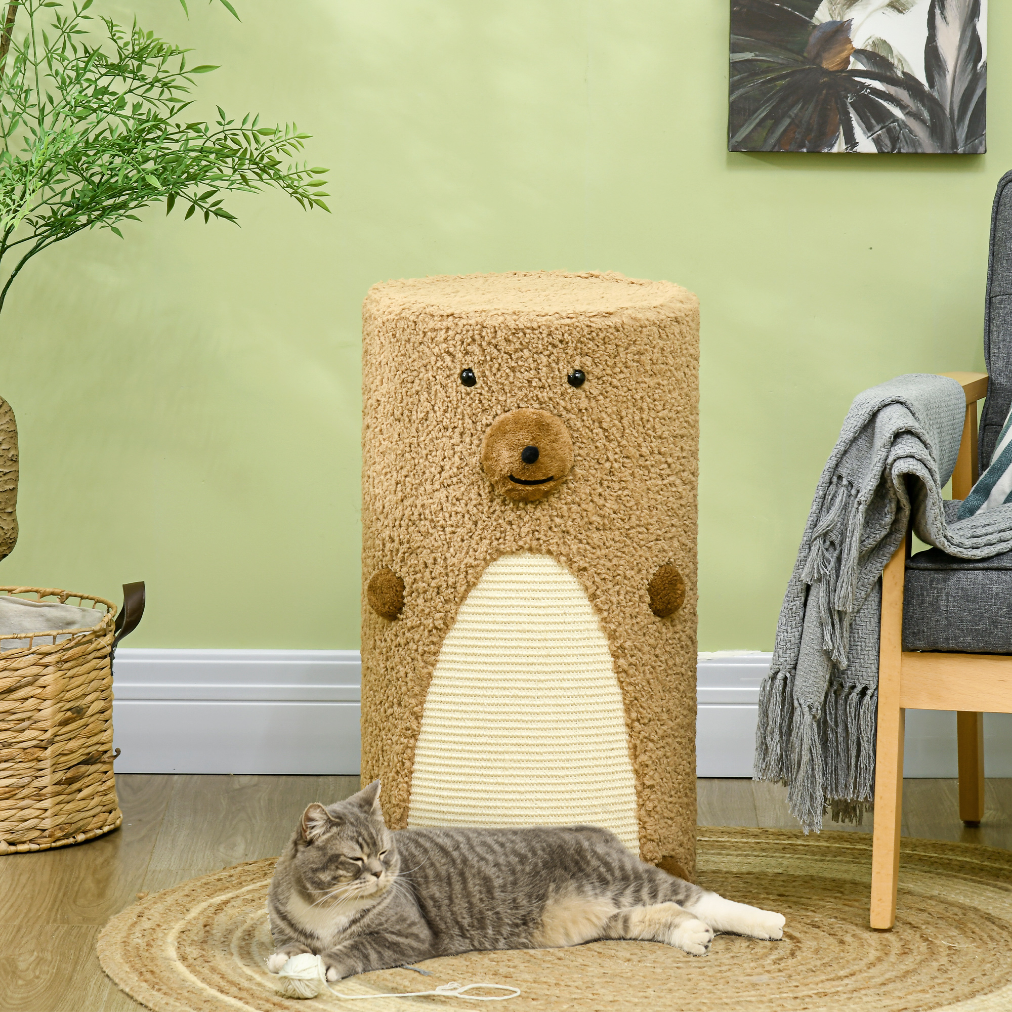 PawHut Kratztonne im Bärendesign, 2 Katzenhöhlen, 1 Kratzfläche, Weiß + Braun