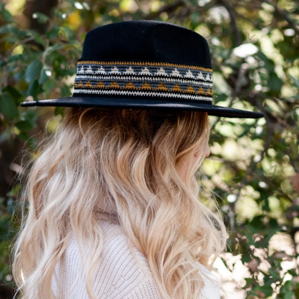 Black Felt Fedora Wide Brim Hat with Woven Braid Band �C Designed in France, Made in Italy