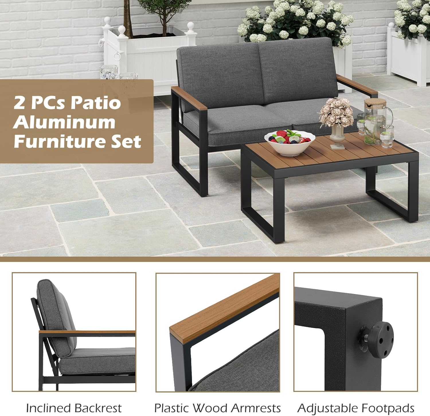 GIANTEX Set di mobili da giardino da balcone, resistente alle intemperie, con telaio in alluminio, set da 2 posti, divano e tavolino da caffè, con cuscino, set da balcone per 2 persone, set da
