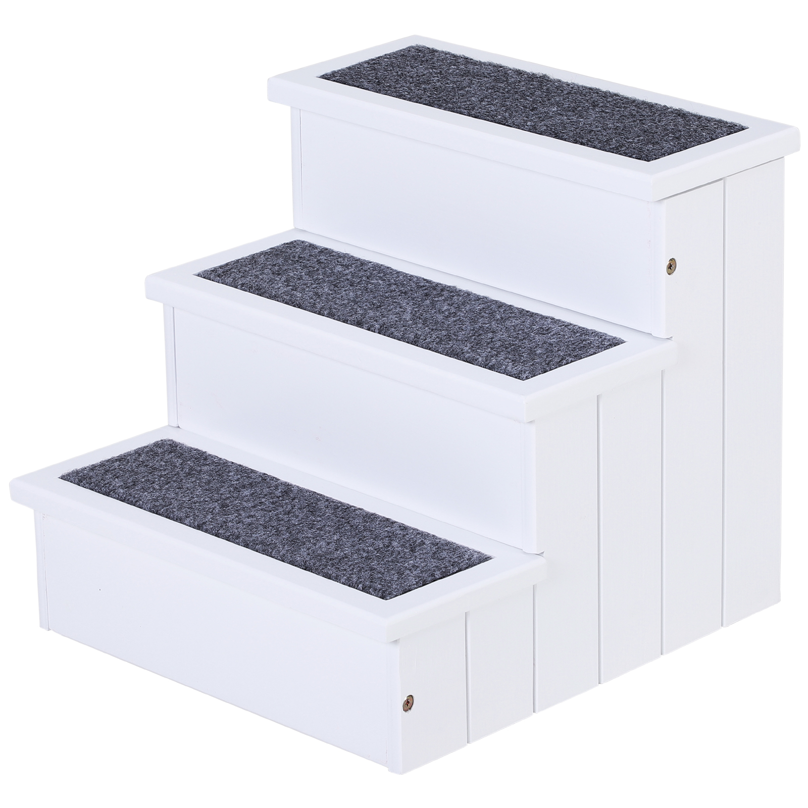 PawHut Hundetreppe 3 Stufen Katzentreppe Haustiertreppe Hundetreppe für Hunde und Katzen Tiertreppe Einstiegshilfe mit Teppich Stauraum für Sofa Bett Tannenholz Weiß 40,5 x 44,5 x 38 cm