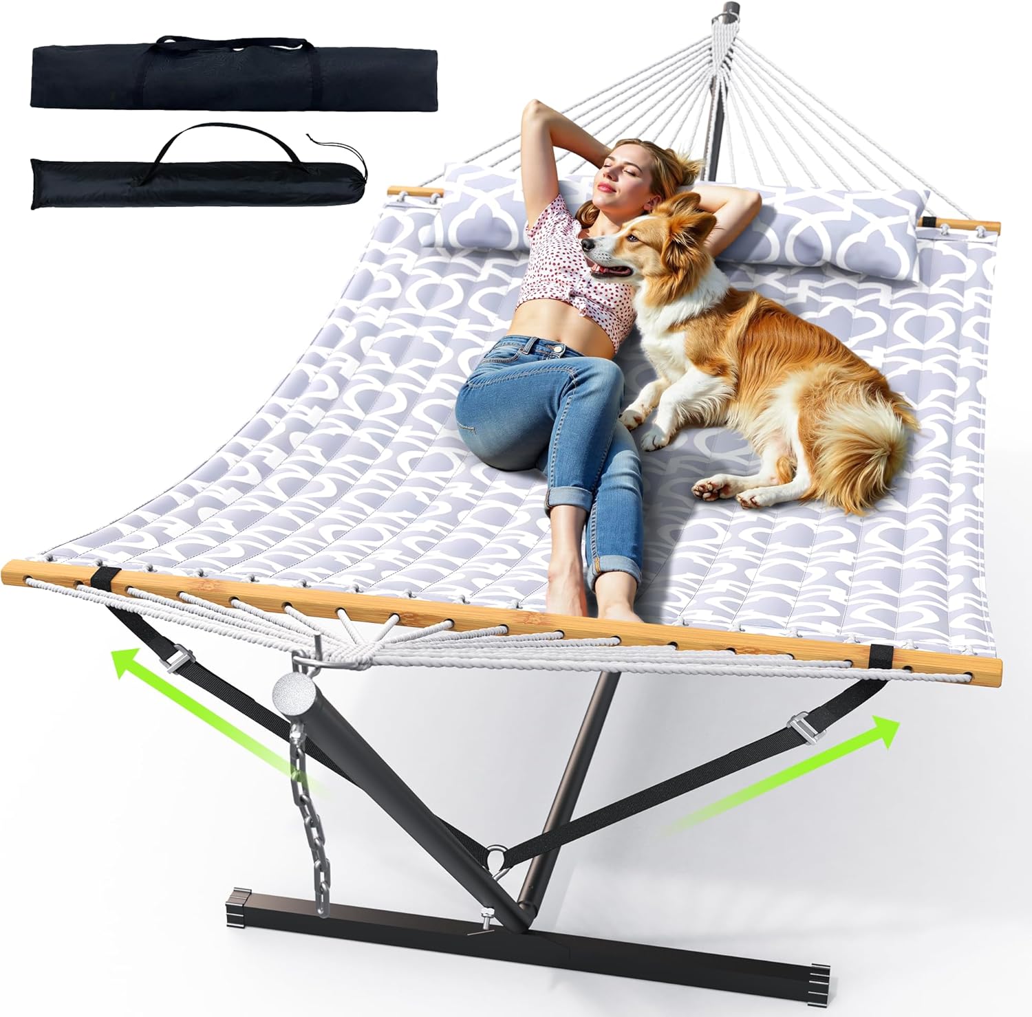 Double Hammock with Stand for Outdoor  Heavy Duty Portable Hammock with Adjustable Steel Stand for Patio  Garden  Beach  Backyard - Includes Carrying Bag White Grey